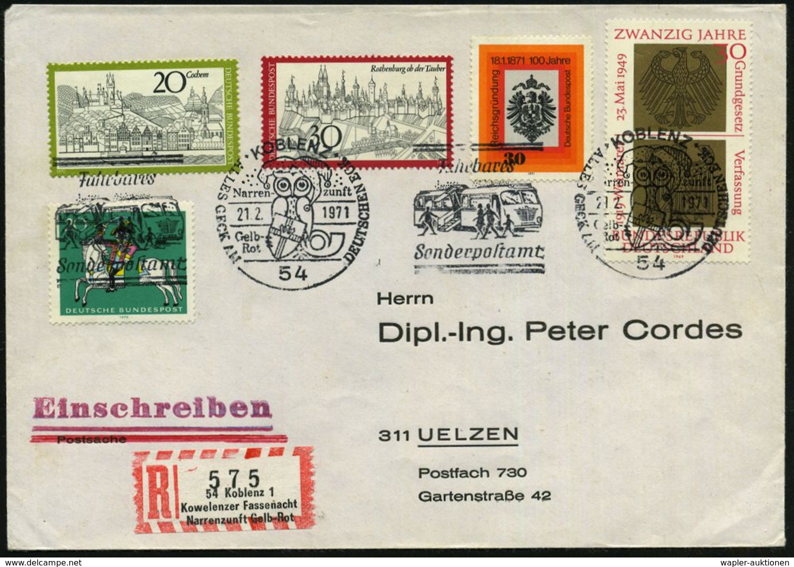 54 KOBLENZ/ Narrenzunft/ Gelb-/ Rot../ Fahrbares/ Sonderpostamt 1971 (21.2.) FaWSt = Eule Mit Narrenkappe (etc. U. Mobil - Carnaval