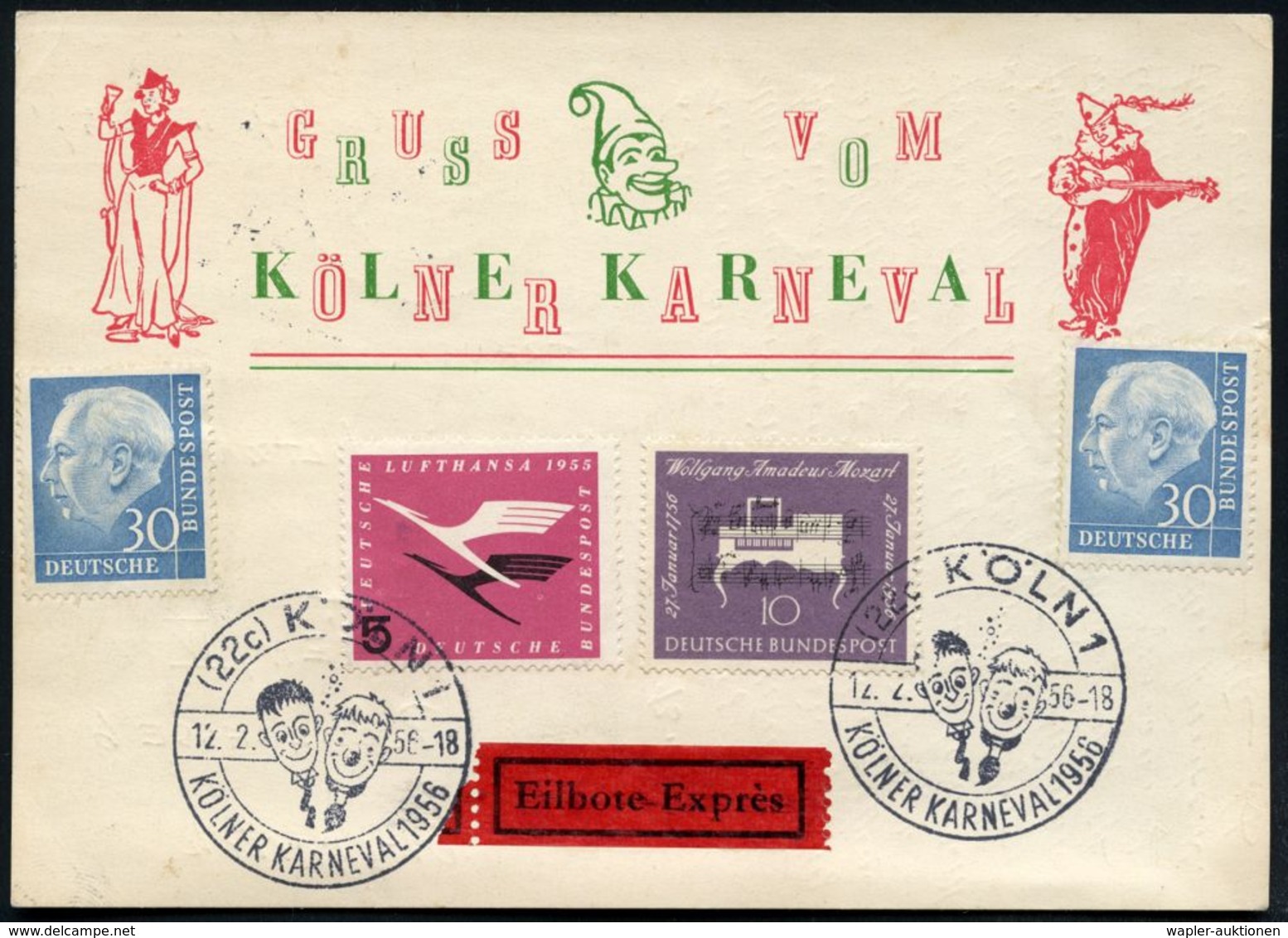 (22c) KÖLN/ KÖLNER KARNEVAL 1956 (12.2.) SSt. = Köpfe "Tünnes & Schäl" 2x Rs. Auf Sonderkarte: GRUSS VOM KÖLNER KARNEVAL - Carnavales