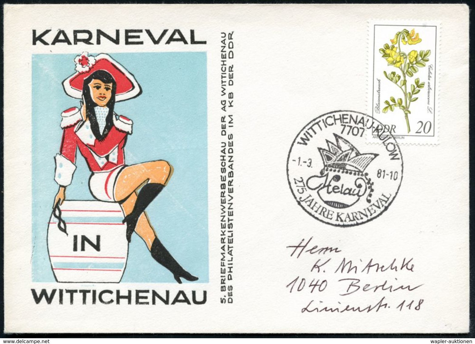 7707 WITTICHENAU/ Helau/ 275 JAHRE KARNEVAL 1981 (1.3.) SSt = Narrenkopf (m. Kappe) Klar Gest. Sonderumschlag  - Deutsch - Carnavales