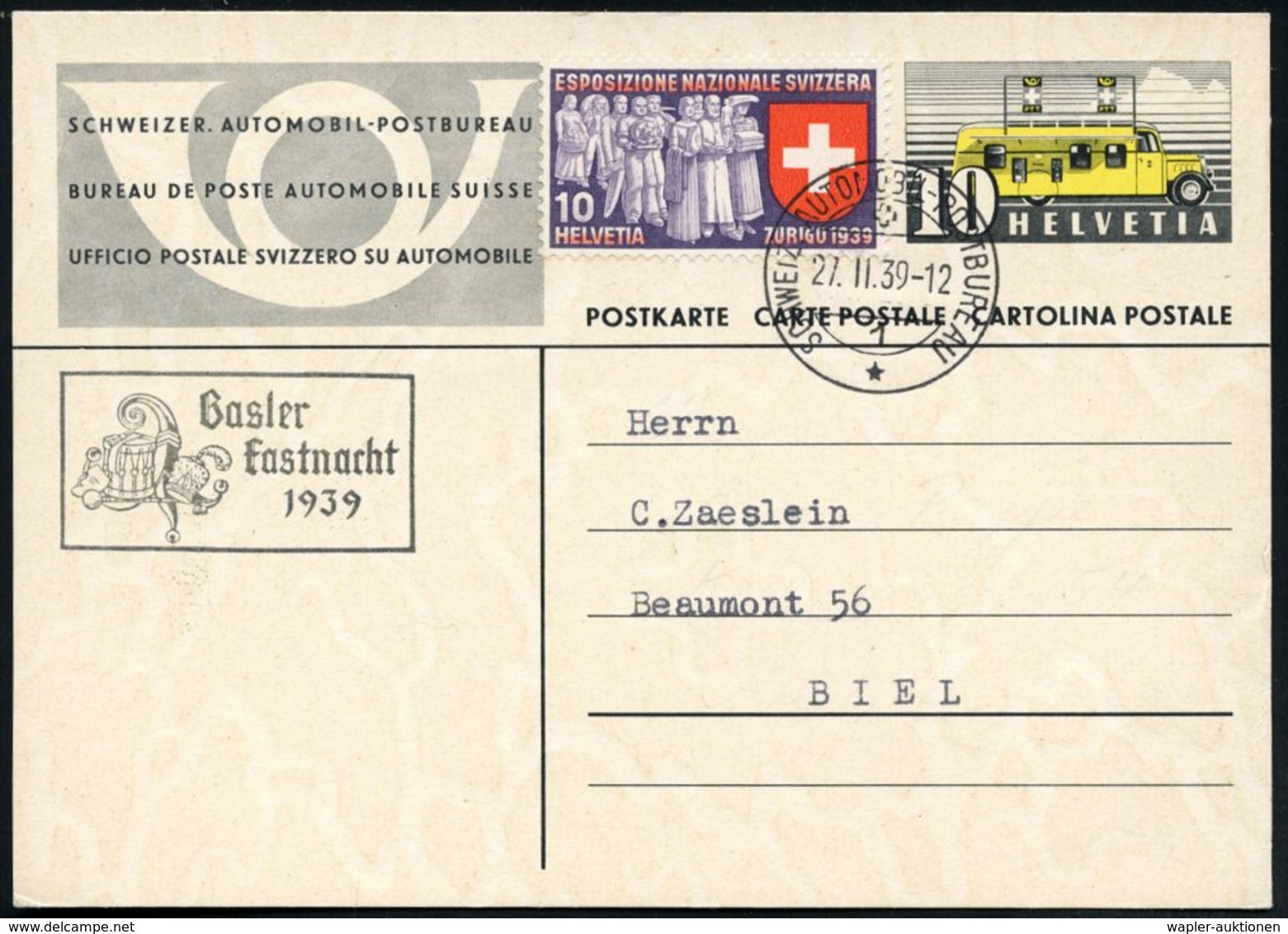 SCHWEIZ 1939 (27.2.) Amtl. HdN: Basler/Fastnacht = Maske (u. Trommel, Hut) + 1K: AUTO-PA Nr.1 + RZ: 1. Schweiz./Automobi - Carnaval