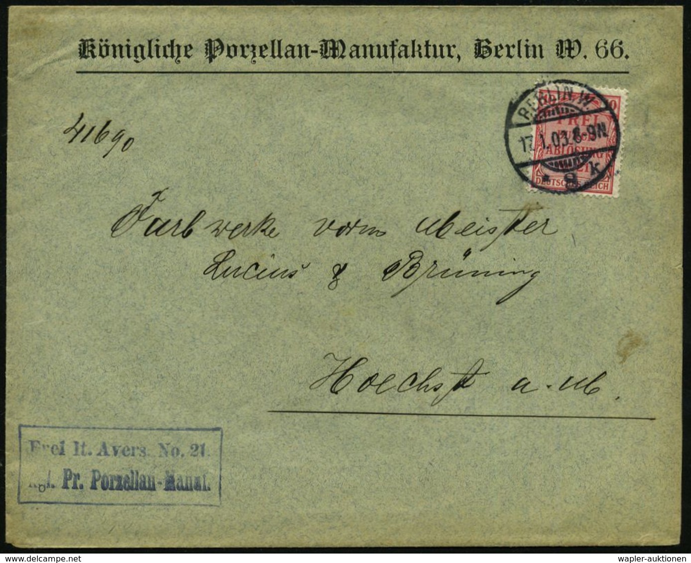 BERLIN,W./ *8k 1903 (7.12.) 1K-Gitter Auf EF Dienst 10 Pf. Grün + Viol. Ra2: Frei Lt. Avers No.21/Kgl. Pr. Porzellan Man - Porcelaine