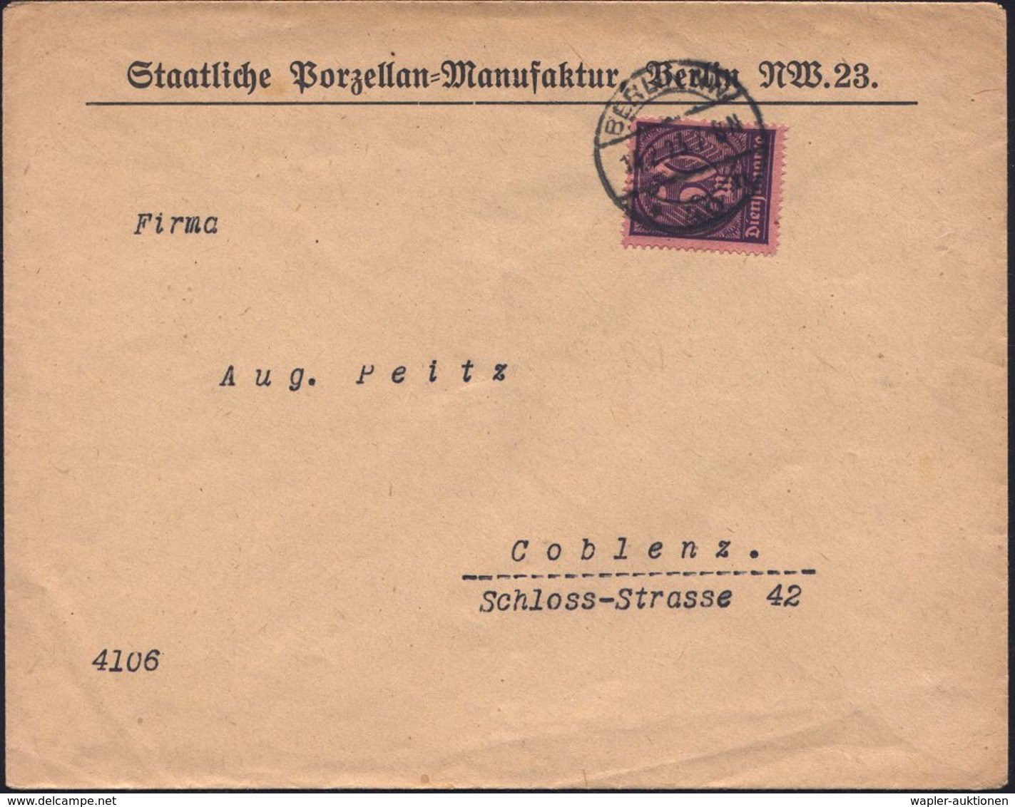 BERLIN NW/ *40n 1923 (14.2.) 1K-Brücke Auf EF Dienst 50 Mk., Dienst-Bf.: Staatl. Porzellan-Manufaktur Berlin NW. 23 , Kl - Porcelaine