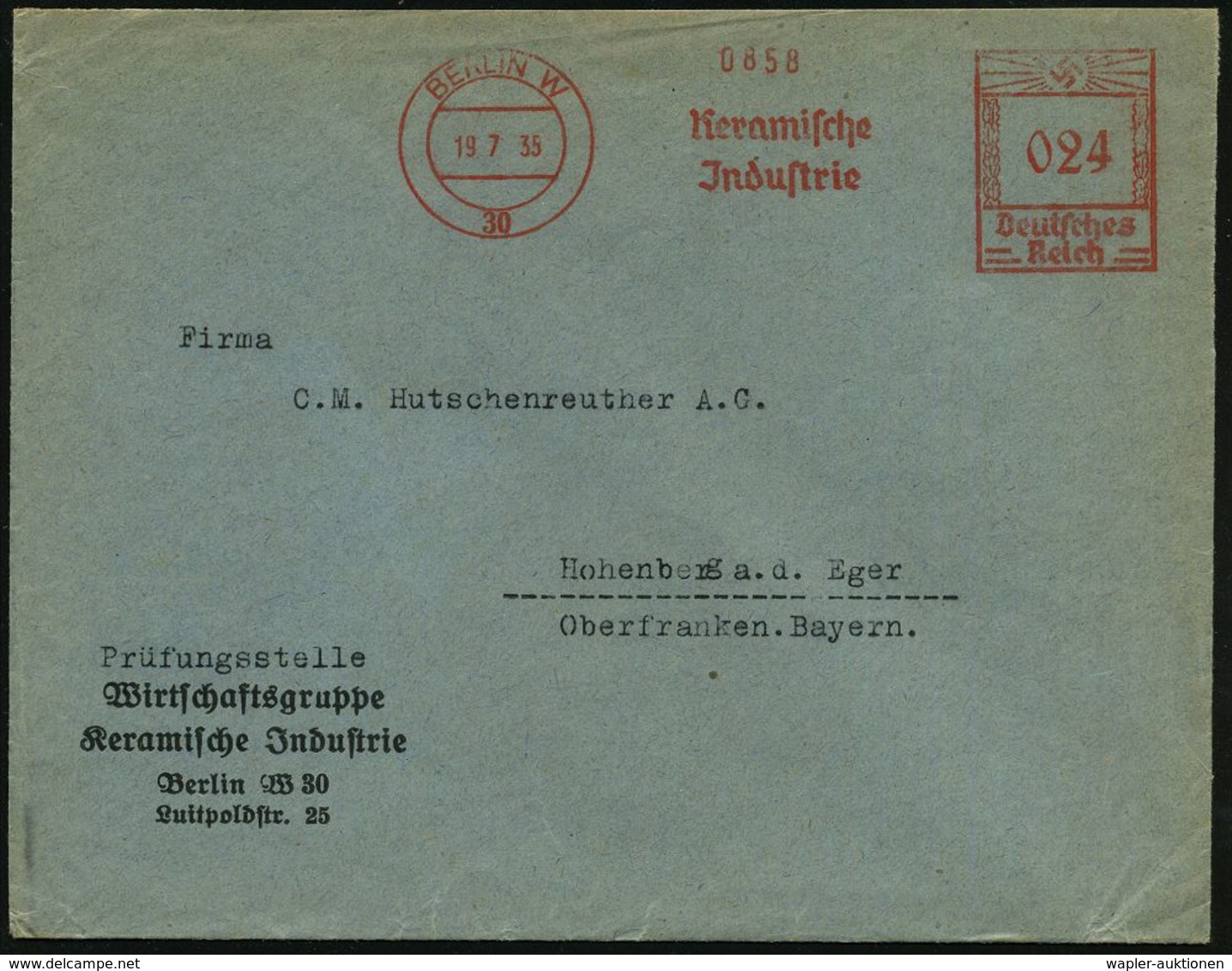 BERLIN W/ 30/ Keramische/ Jndustrie 1935 (Juli) AFS Auf Firmen-Bf: Wirtschaftsgruppe Keramische Jndustrie (Dü.E-3CEh) -  - Porcelaine