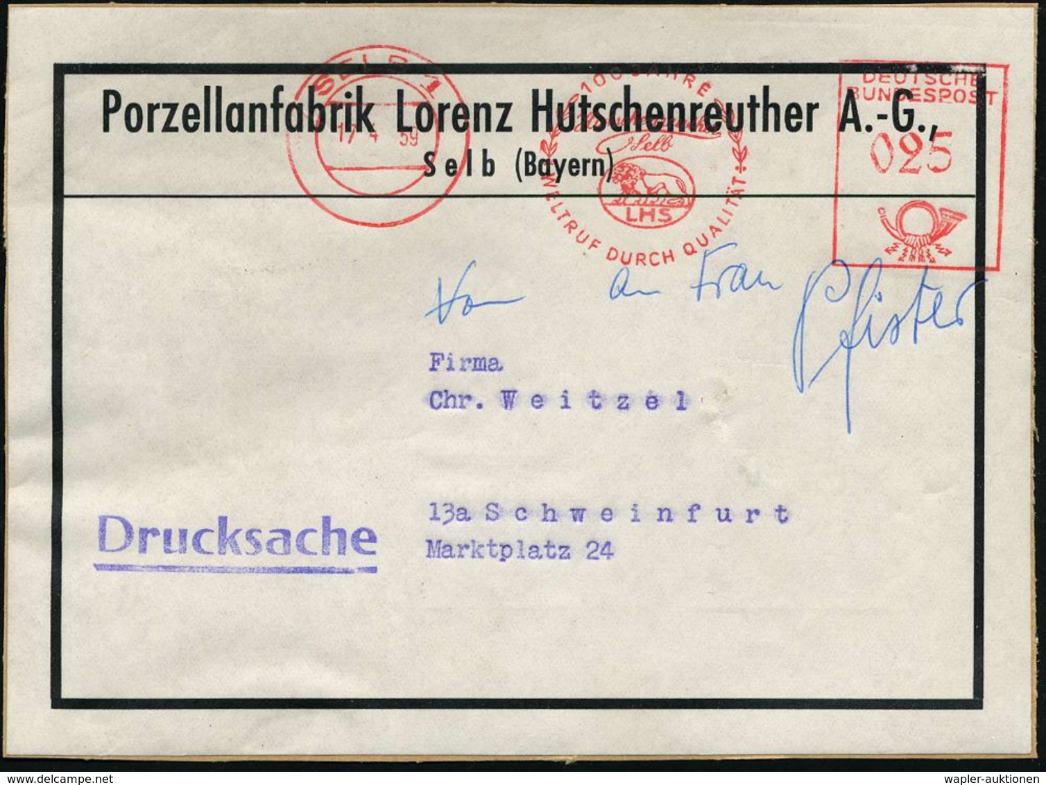 SELB 1/ 100 JAHRE/ Hutschenreuther.. 1959 (17.4.) AFS 025 Pf. (Löwe) Auf Adreß-Auskleber: Porzellanfabrik Lorenz Hutsche - Porcellana