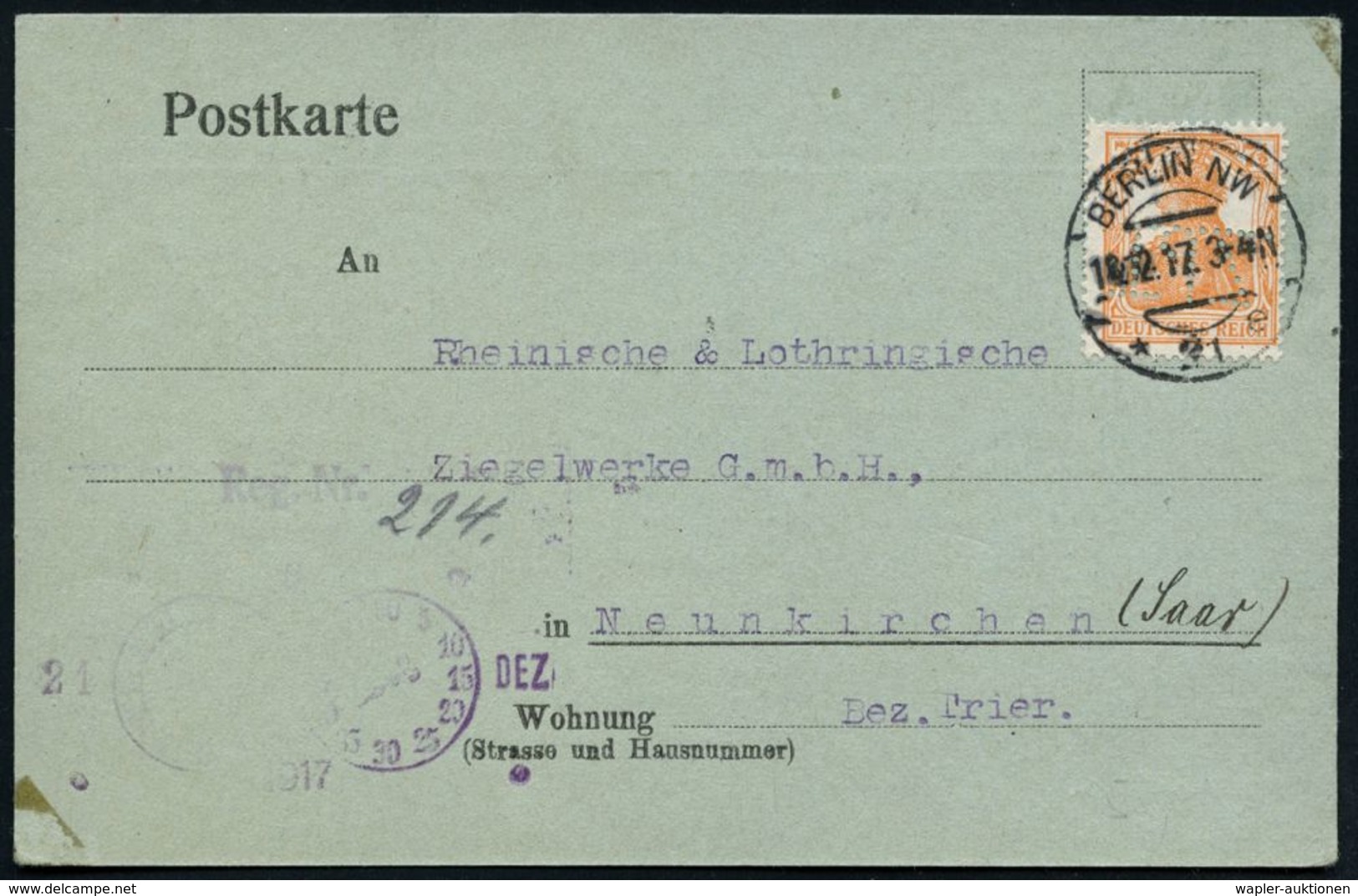 BERLIN NW/ *21e 1917 (18.12.) 1K-Brücke Auf EF 7 1/2 Pf. Germania Mit Firmenlochung: "T J Z" = Ton-Industrie-Zeitung , R - Porcelaine
