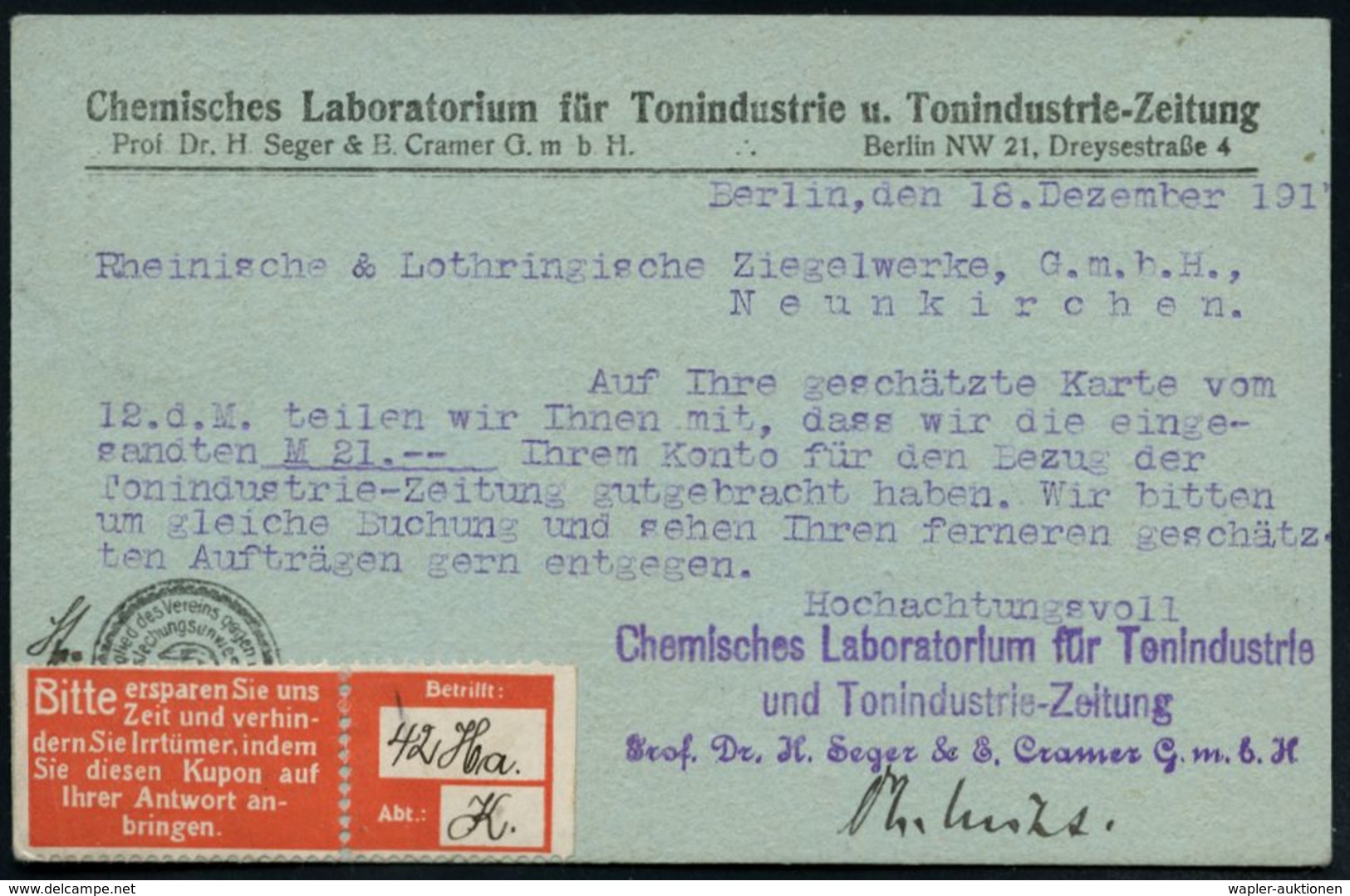 BERLIN NW/ *21e 1917 (18.12.) 1K-Brücke Auf EF 7 1/2 Pf. Germania Mit Firmenlochung: "T J Z" = Ton-Industrie-Zeitung , R - Porcelaine