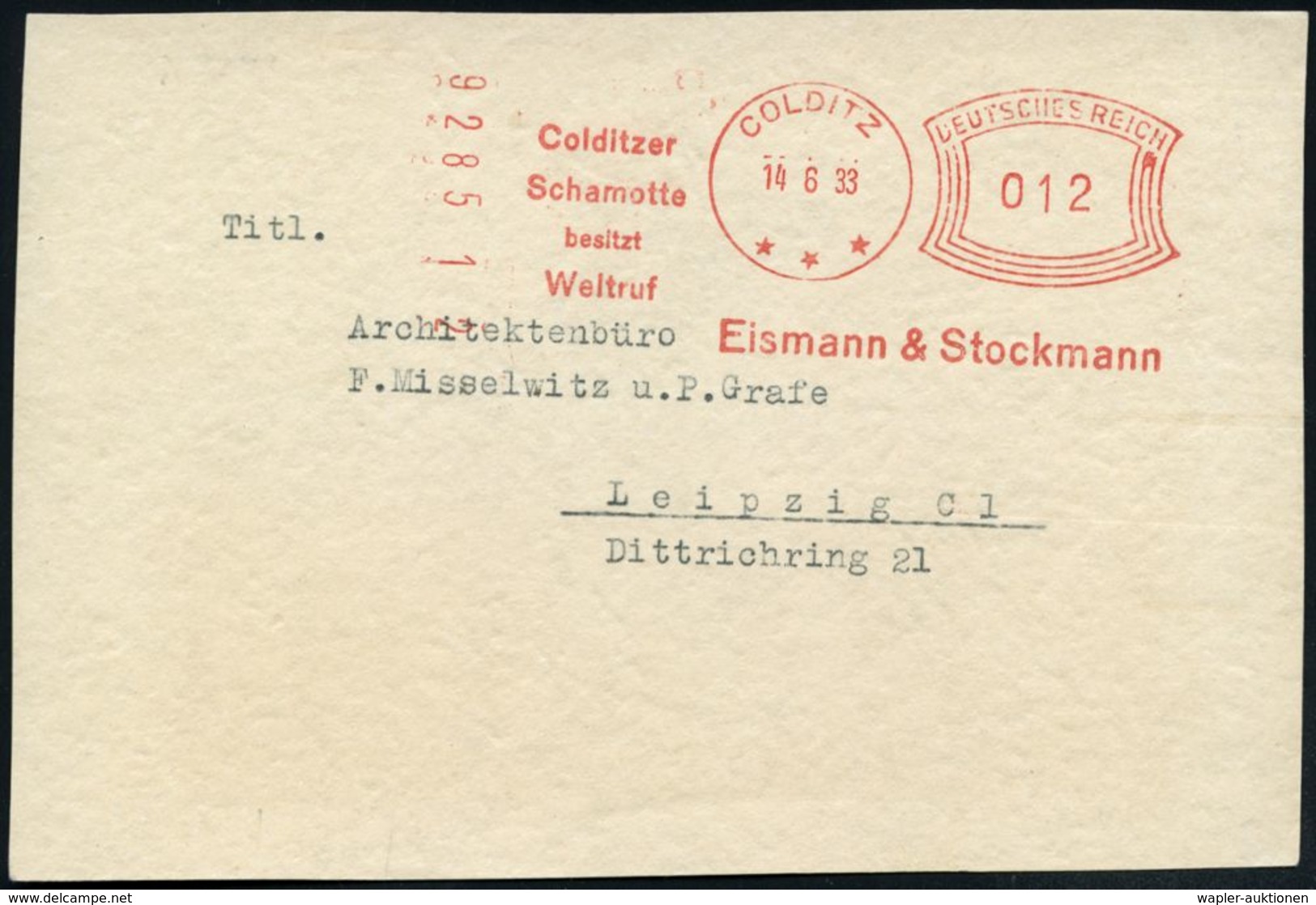 COLDITZ/ ***/ Colditzer/ Schamotte/ Besitzt/ Weltruf/ Eismann & Stockmann 1933 (14.6.) Seltener AFS-Typ "Komusina" Klar  - Porcelana