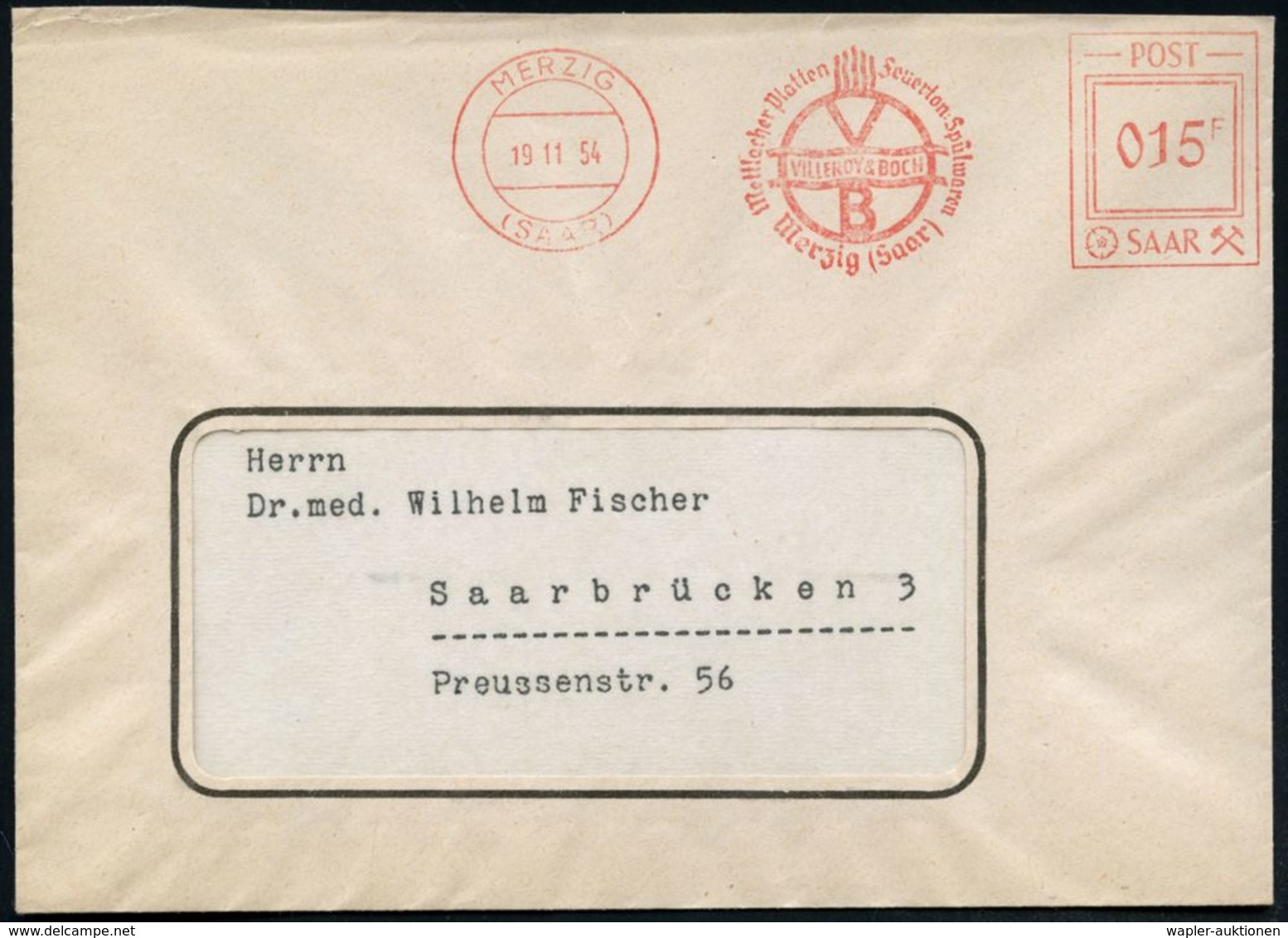 MERZIG/ (SAAR)/ VILLEROY & BOCH/ Mettlacher Platten/ Feuerton-Spülwaren 1954 (19.11.) AFS Typ "POST/SAAR" 015 F. (Monogr - Porcelaine