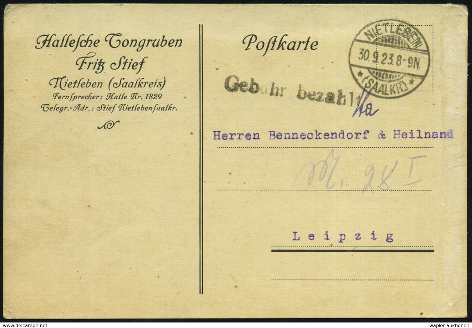 NIETLEBEN/ *(SAALKR.)* 1923 (30.9.) 1K-Gitter + Schw.1L: Gebühr Bezahlt A.Vordr-Kt: Hallesche Tongruben F.Stief (Gebühre - Porcelaine