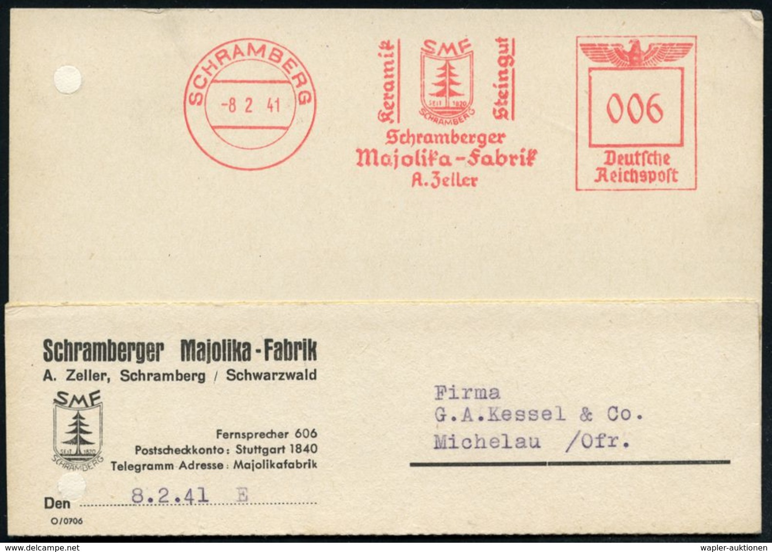 SCHRAMBERG/ Keramik/ SMF/ SEIT 1820/ Steingut/ Schramberger/ Majolika-Fabrik/ A.Zeller 1941 (8.2.) AFS (Wappen MitTanne) - Porzellan