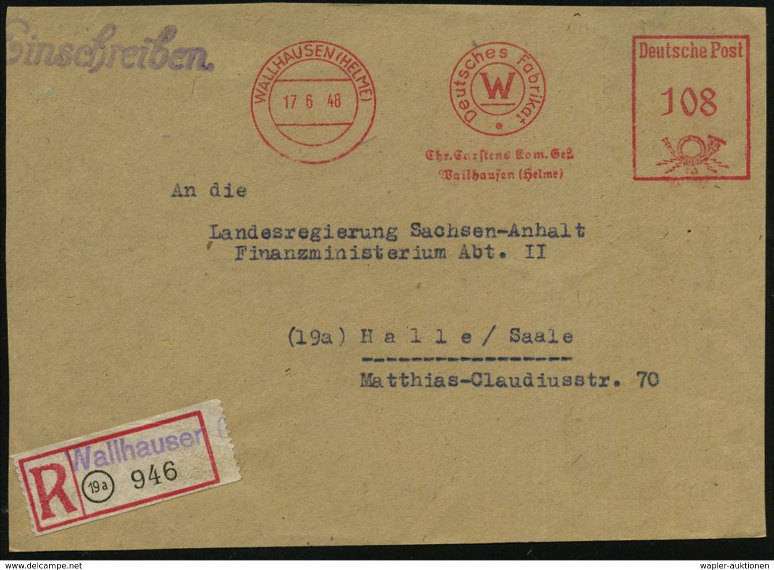 WALLHAUSEN (HELME)/ Deutsches Fabrik/ Chr.Carstens Kom.Ges. 1948 (17.6.) AFS = Monogr. "W" = Steingut-Fabrik + Provis. R - Porcelaine