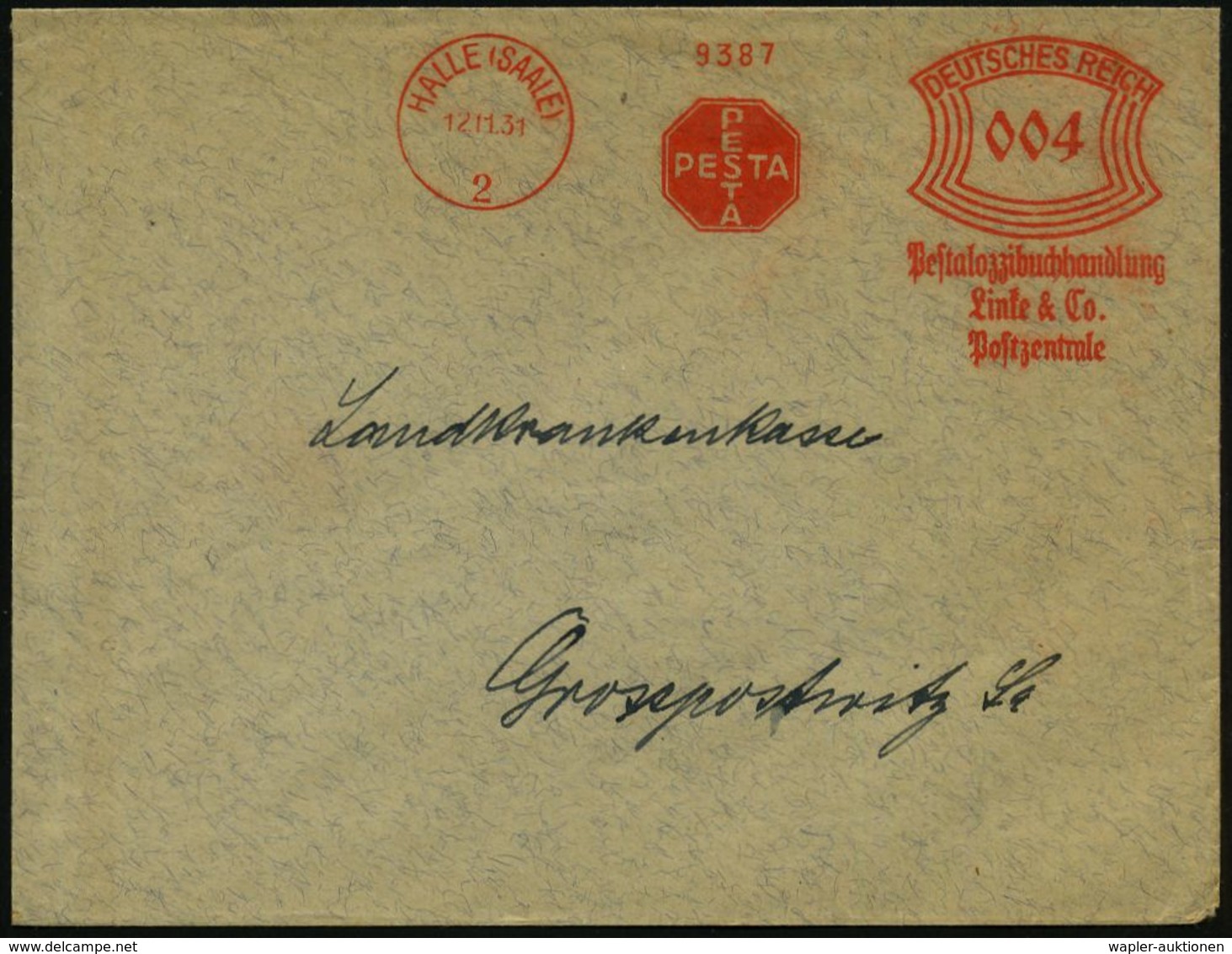 HALLE (SAALE)/ PESTA/ Pestalozzibuchhandlung/ Linke & Co/ Postzentrale 1931 (Nov.) AFS (Monogr.-Logo) Klar Gest. Inl.-Bf - Autres & Non Classés