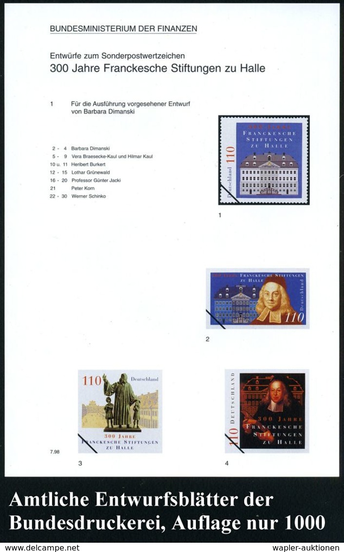 B.R.D. 1998 (Juli) 110 Pf. "300 Jahre Franckesch Stiftungen, Halle", 30 Verschied. Color-Alternativ-Entwürfe D. Bundesdr - Autres & Non Classés