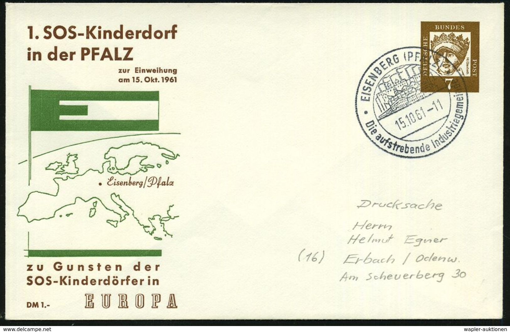 Eisenberg 1961 (15.10.) Spenden-PU 7 Pf. Hl. Elisabeth, Braun: 1. SOS-Kinderdorf In Der Pfalz (Landkarte, Alte Europa-Fl - Autres & Non Classés