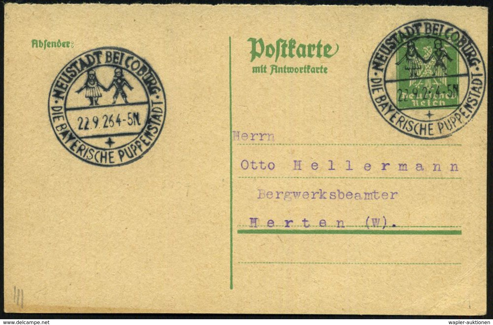 NEUSTADT BEI COBURG/ DIE BAYER.PUPPENSTADT 1926 (22.9.) Seltener HWSt (2 Puppen) Klar Auf Inl.-Karte! (Bo.1 , N U R  192 - Non Classés