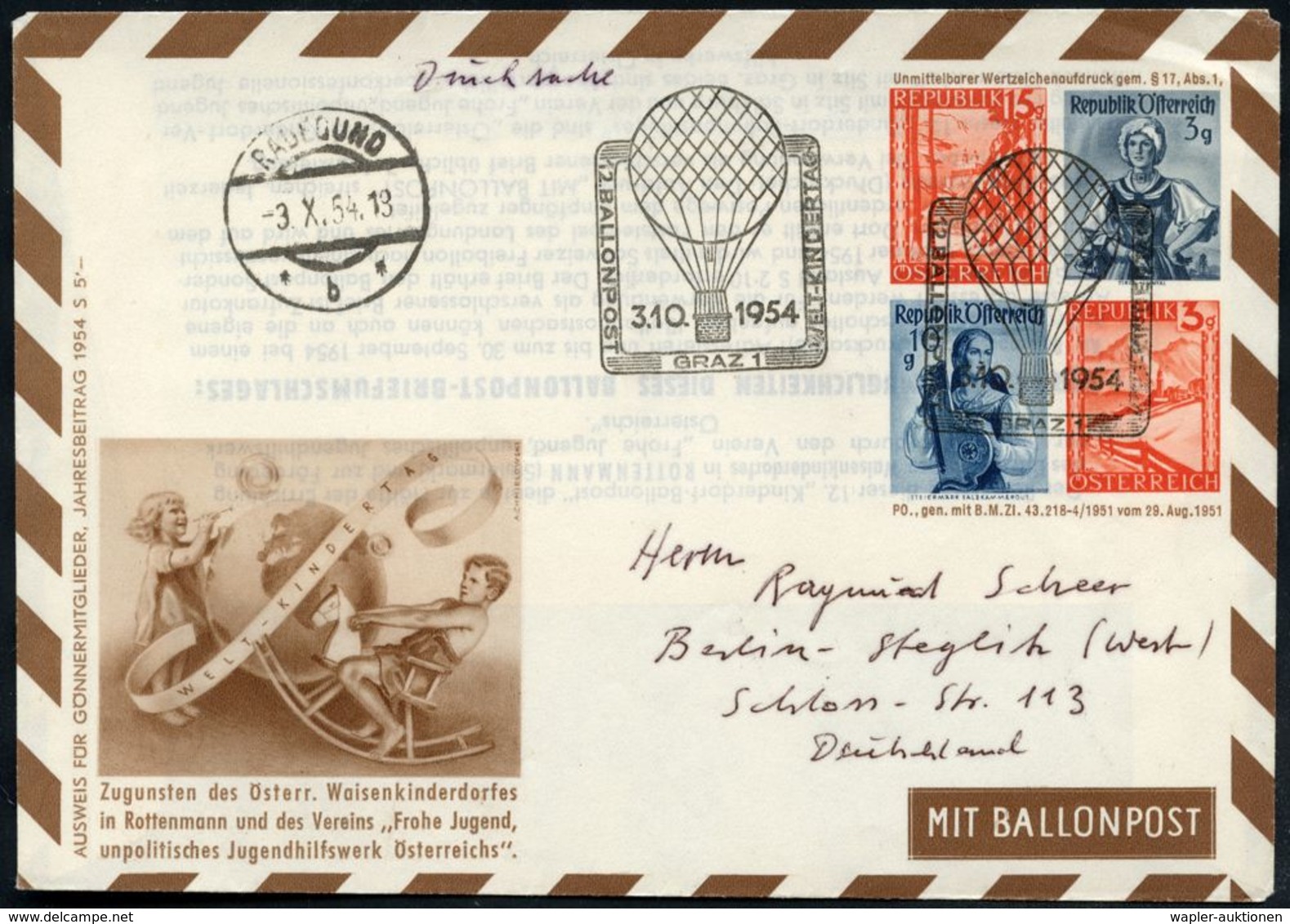 ÖSTERREICH 1954 (3.10.) Ballon-SSt.: GRAZ 1/12. BALLONPOST/ WELTKINDERTAG 2x Auf Passendem PU 15 G + 3 G. + 10 G. + 3 G. - Non Classés