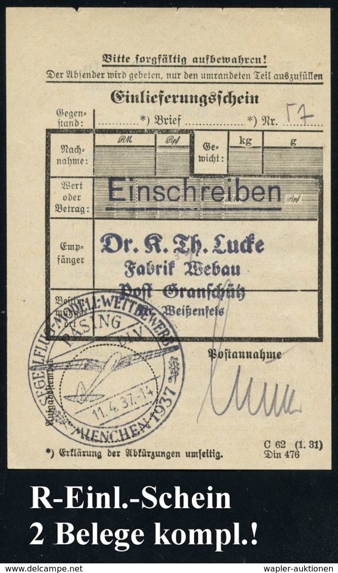 PASING/ SEGELFLUG-MODELL-WETTBEWERB/ MUENCHEN/ DLV 1937 (11.4.) SSt = Segelflugzeug-Modell 5 X Auf Besserer Olympia-Fran - Non Classés