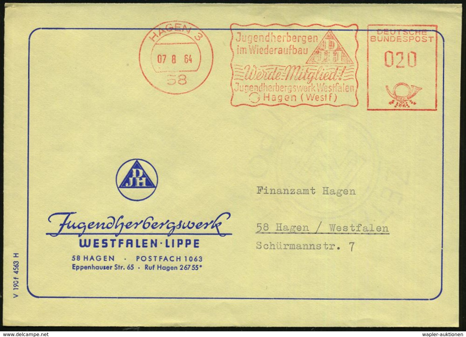 58 HAGEN 3/ Jugendherbergen/ Im Wiederaufbau/ DJH/ Werde Mitglied!.. 1964 (7.8.) AFS (DJH-Logo) Motivgl. Vordr.-Bf.: Jug - Autres & Non Classés