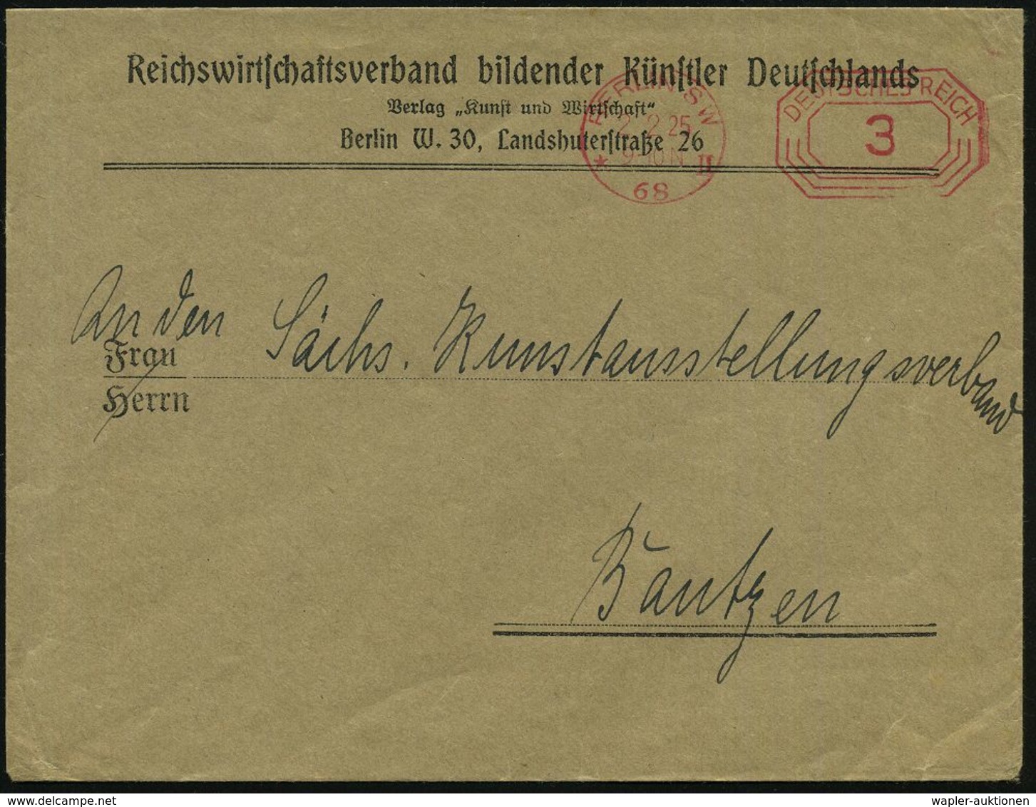 BERLIN SW/ *68II 1925 (2.2.) PFS 3 Pf. Auf Vordr.Bf.: Reichswirtschaftsverband Bildender KünstlerDeutschlands (Verlag "K - Otros & Sin Clasificación