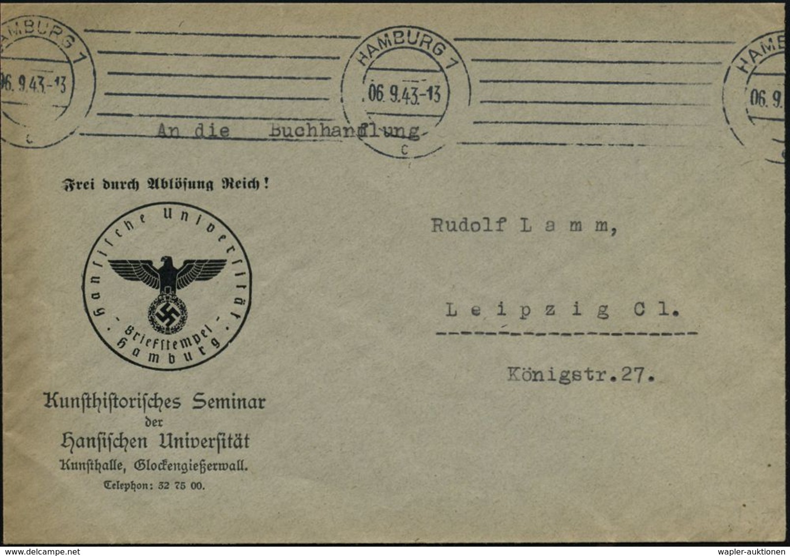 HAMBURG 1/ C 1943 (6.9.) BdMaSt Auf Dienst-Bf.: FdAR/K Unsthistor. Seminar/der/ Hansischen Universität/Kunsthalle.. (NS- - Altri & Non Classificati