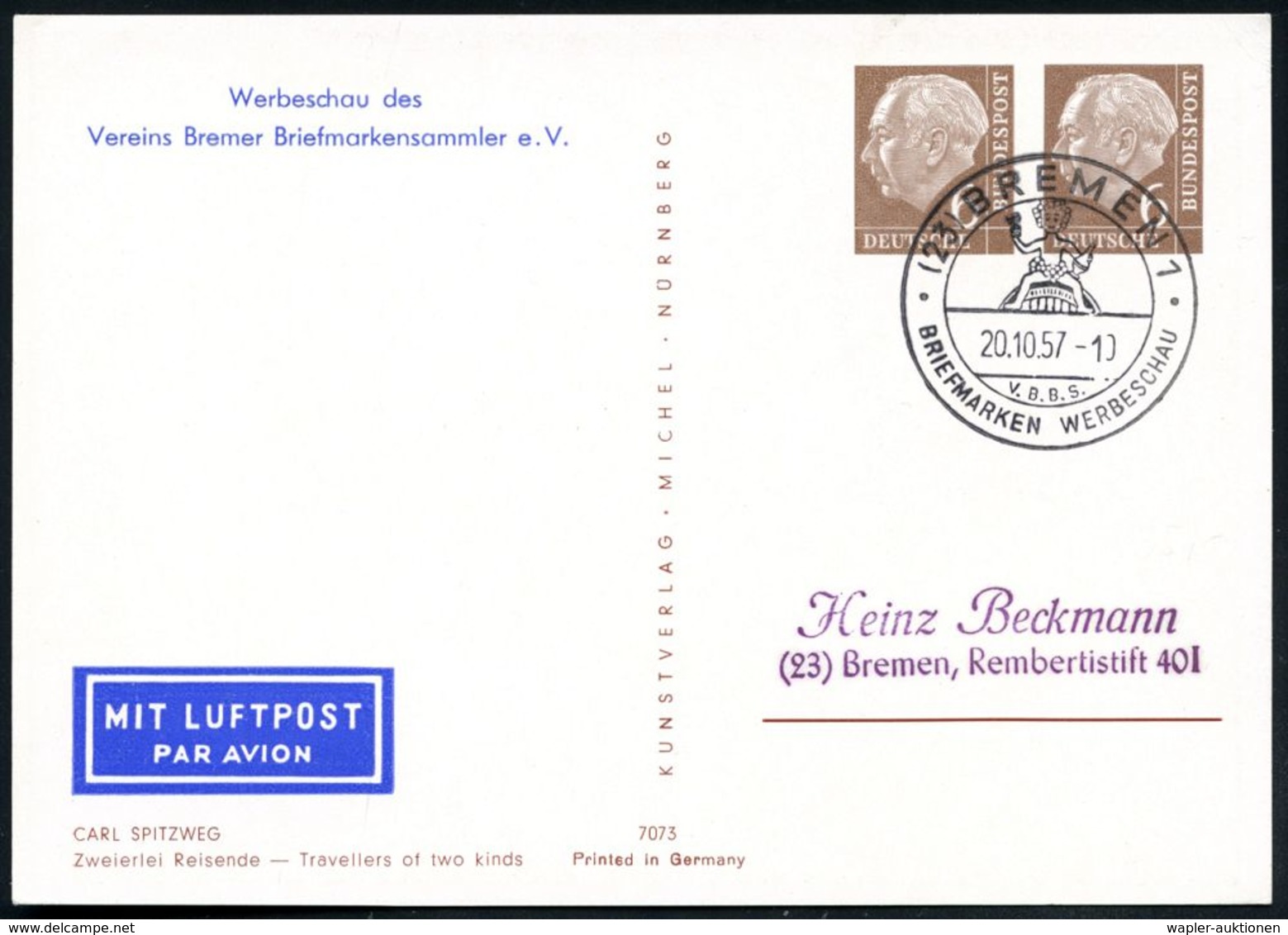 (23) BREMEN 1/ V.B.B.S./ BRIEFM.WERBESCHAU 1957 (20.10.) SSt = Bacchus Auf Weinfaß Auf Passender PP 6 + 6 Pf. Pf.Heuss,  - Sonstige & Ohne Zuordnung