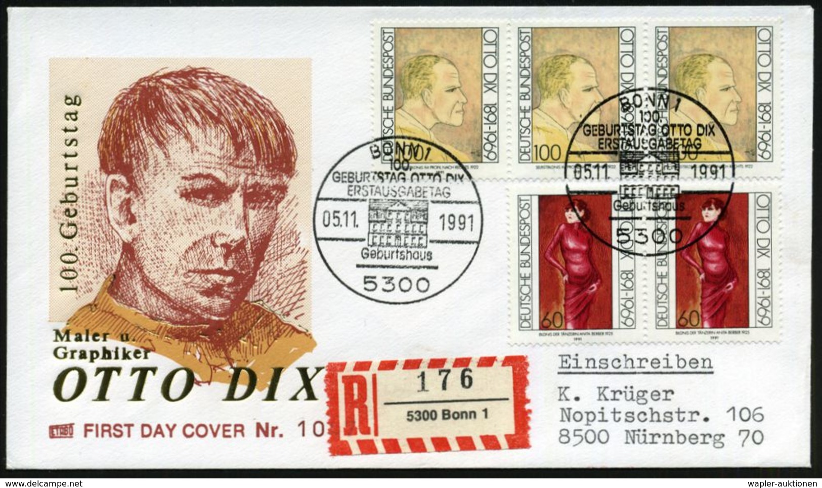 B.R.D. 1991 (5.11.) "100 Geburtstag Otto Dix", überkompl. Satz + ET-SSt. (BONN 1) + RZ: 5300 Bonn 1, Inl.-R-FDC-SU  (Mi. - Otros & Sin Clasificación