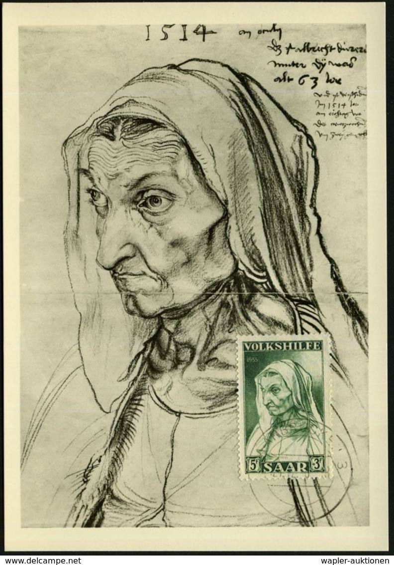 SAARLAND 1955 (10.12.) Volkshilfe, Kompl. Satz = Dürer-Zeichnungen + Je ET-SSt (SAARBRÜCKEN 2), 3 Ersttags-Maximumktn.   - Autres & Non Classés