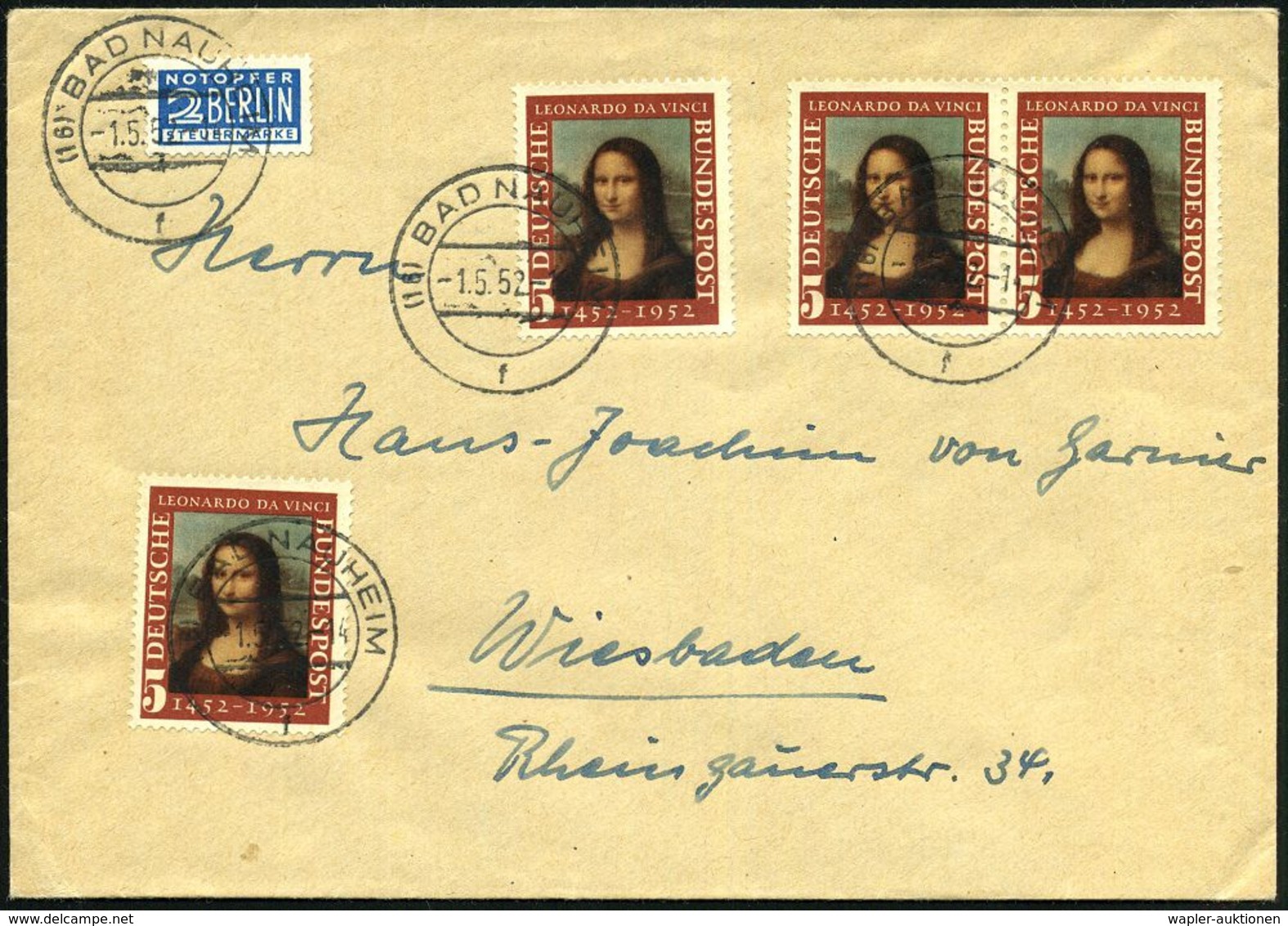 B.R.D. 1952 (1.5.) 5 Pf. "500. Geburtstag Leornardo Da Vinci", Reine MeF: 4 Stück = Mona Lise ("La Giocconda") , Klar Ge - Autres & Non Classés