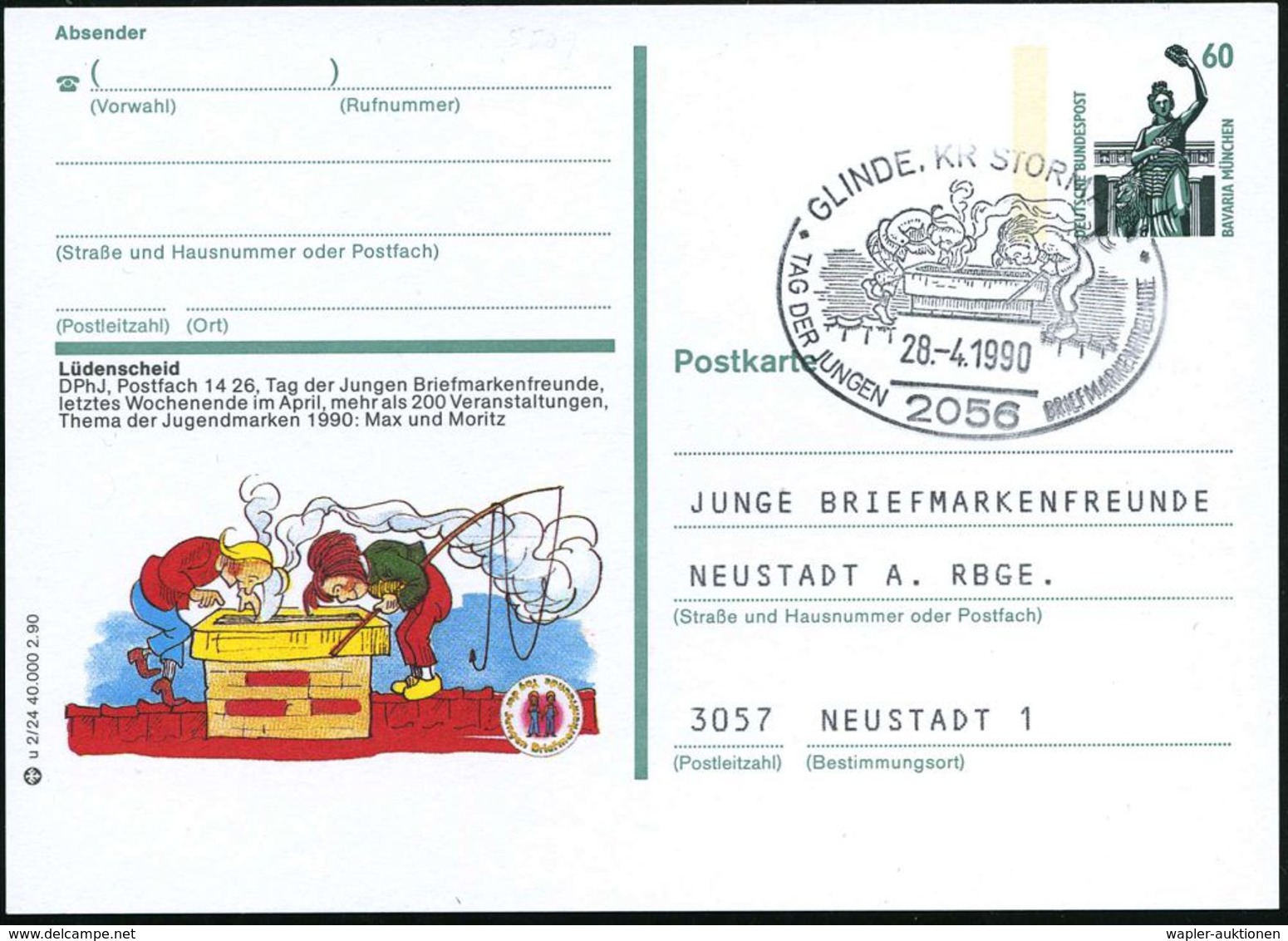 2056 GLINDE,KR STORMARN/ TAG DER JUNGEN BRIEFM.FREUNDE 1990 (28.4.) SSt = Max & Moritz Mit Angel Am Kamin Von Witwe Bolt - Bandes Dessinées