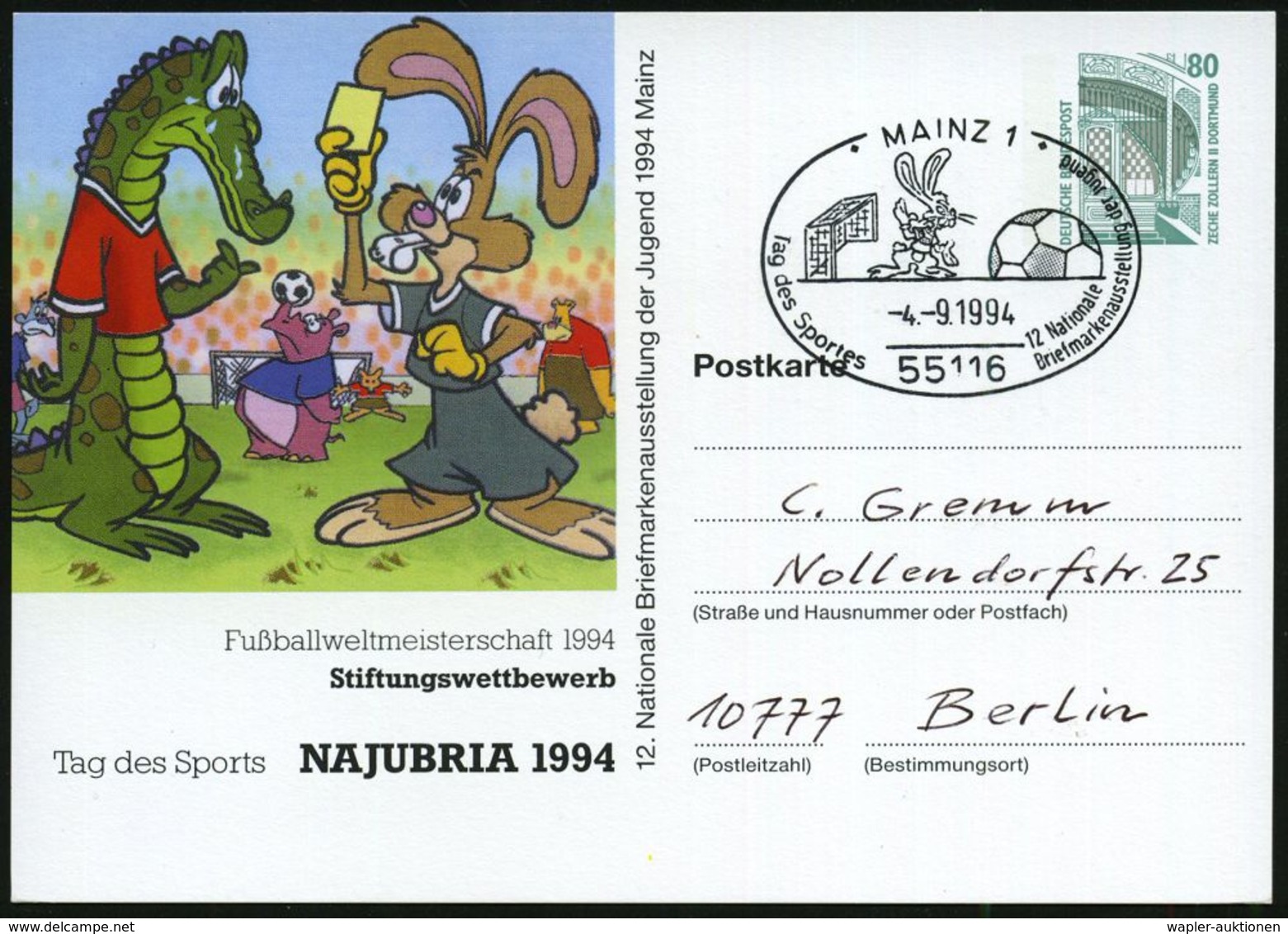 55116 MAINZ 1/ Tag Des Sports.. 1994 (4.9.) SSt = Comic-Figuren: Hase, Fußball, Tor A. PP 80 Pf. Zeche Zollern: Fußball- - Fumetti