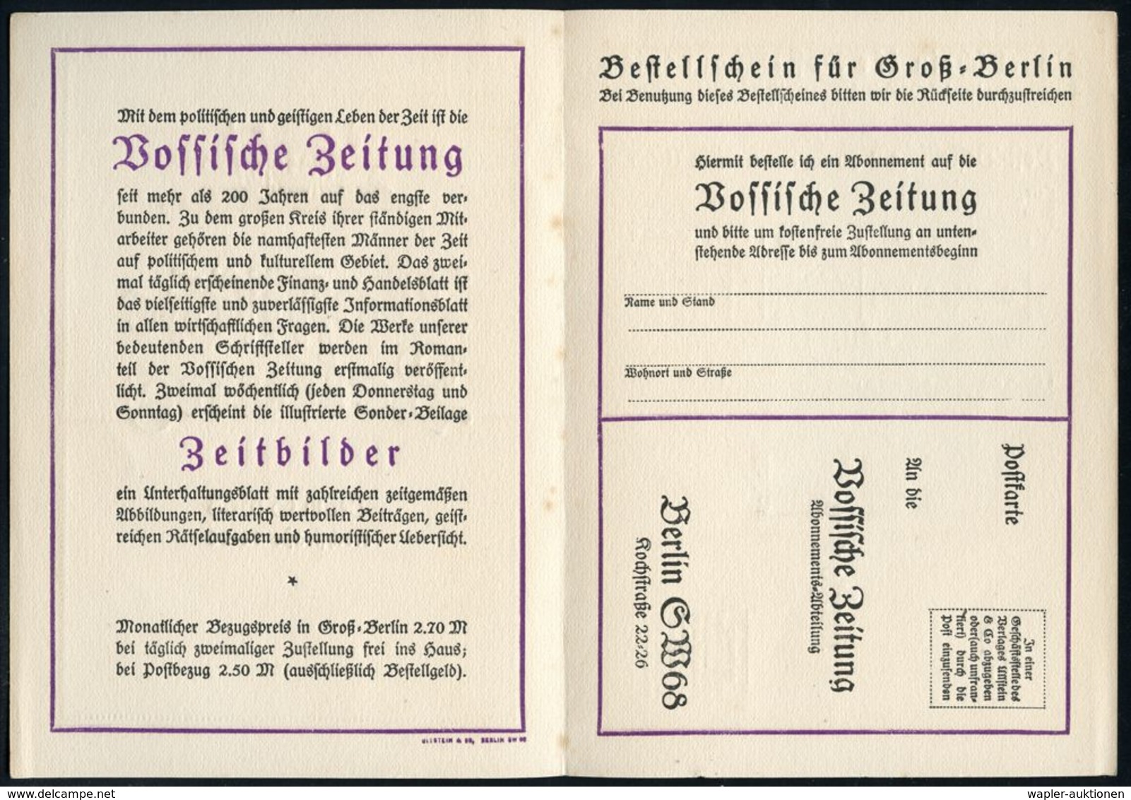 Berlin 1915 Reklame- U.Bestellklapp-Kt. "Vossische Zeitung" Mit Antwortkt.: "An D. K. Postamt.." (Signet Der Zeitung) Un - Escritores