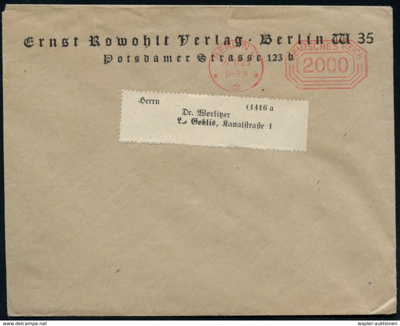 BERLIN C/ *2*/ DEITSCHES REICH/ 2000 1923 (16.11.) Seltener PFS , Sonderform = 2 Milliarden! Auf Firmen-Bf.: Ernst Rowoh - Ecrivains