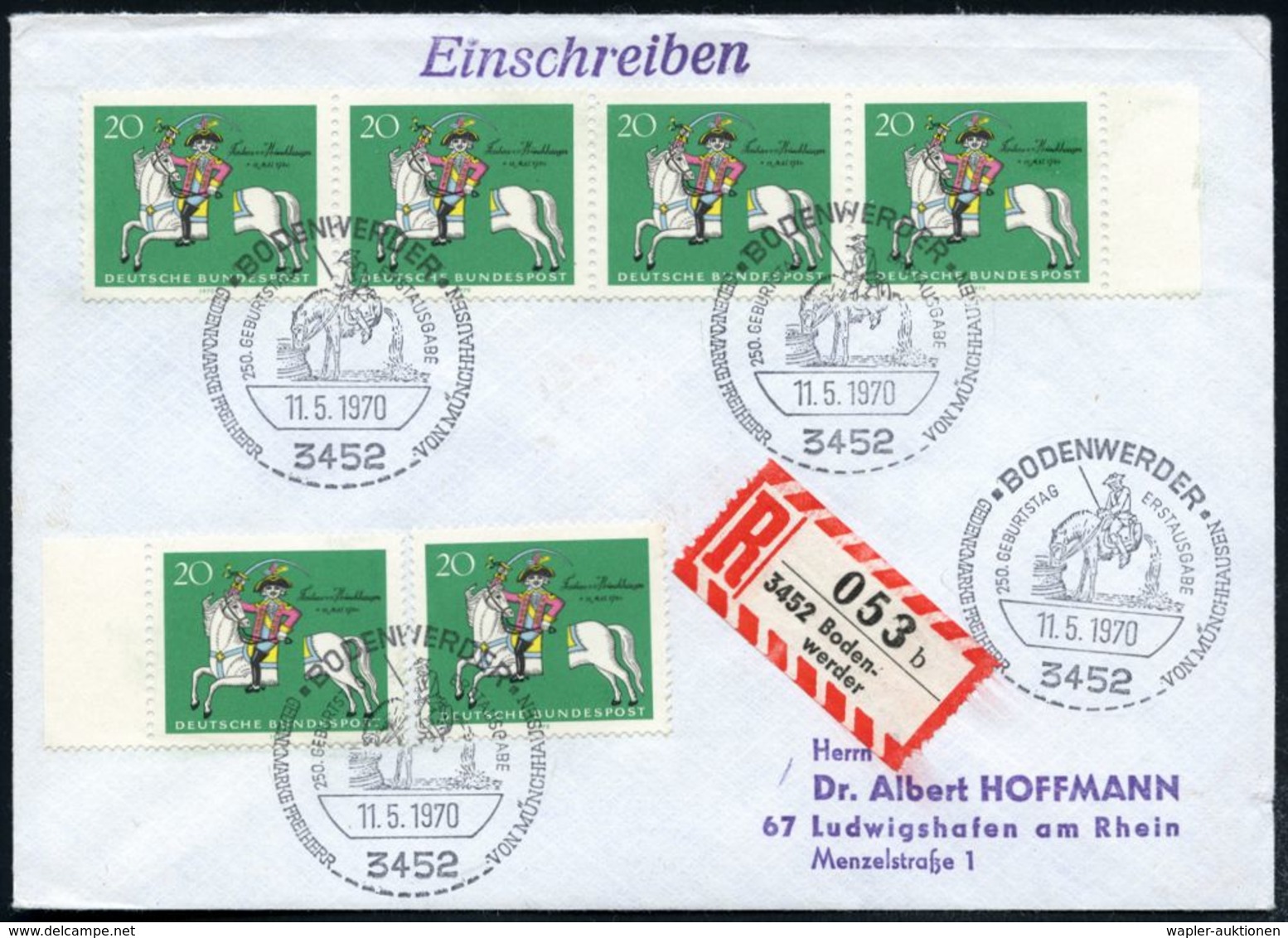 3452 BODENWERDER/ 250.GEBURTSTAG ERSTAUSGABE/ ..VON MÜNCHHAUSEN 1970 (11.5.) SSt = "halbiertes" Pferd Von Münchhausen (i - Ecrivains