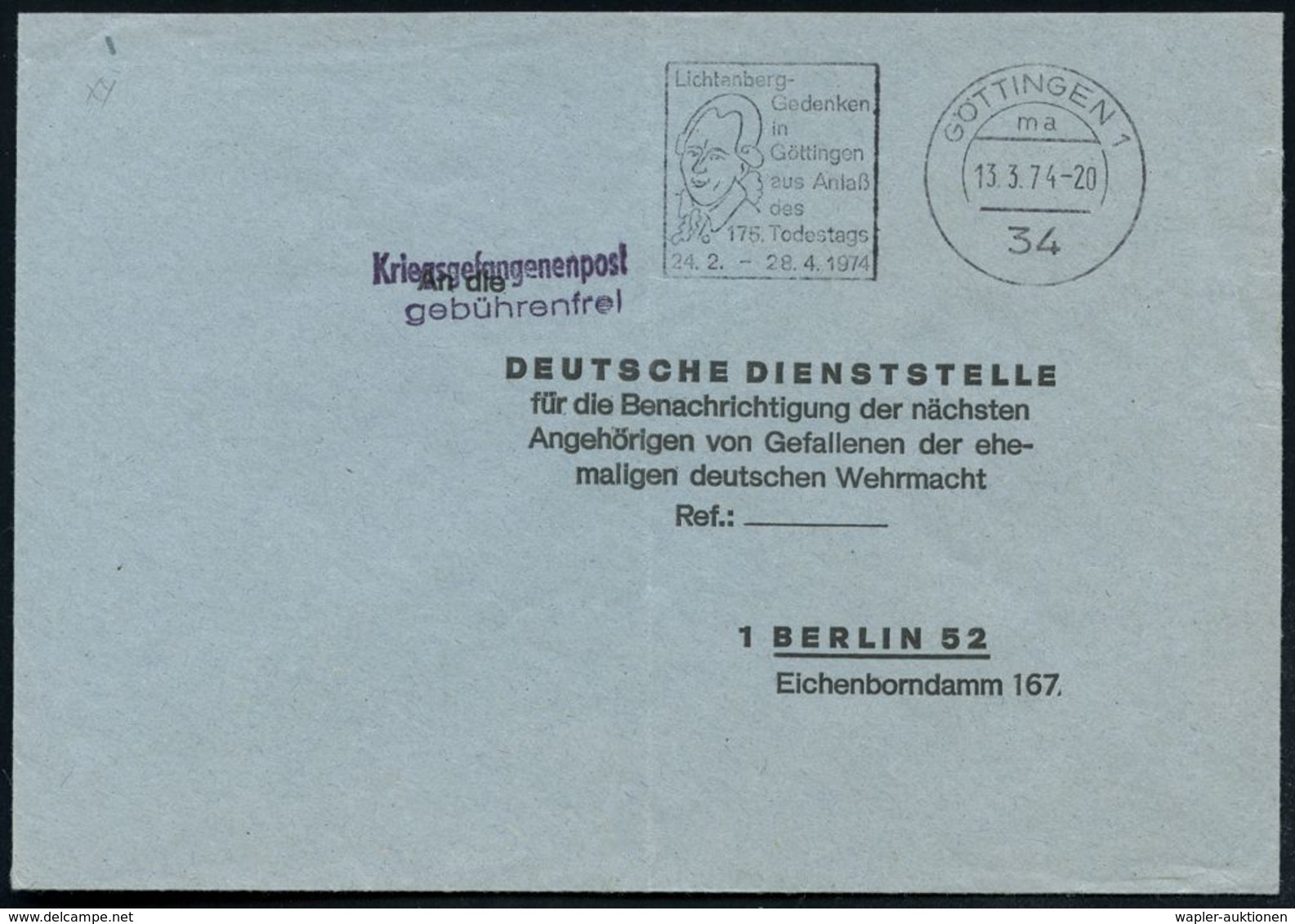 34 GÖTTINGEN 1/ Ma/ Lichtenberg-/ Gedenken/ ..175.Todestag 1974 (13.3.) MWSt = Kopfbild + Viol. 2L: Kriegsgefangenenpost - Ecrivains