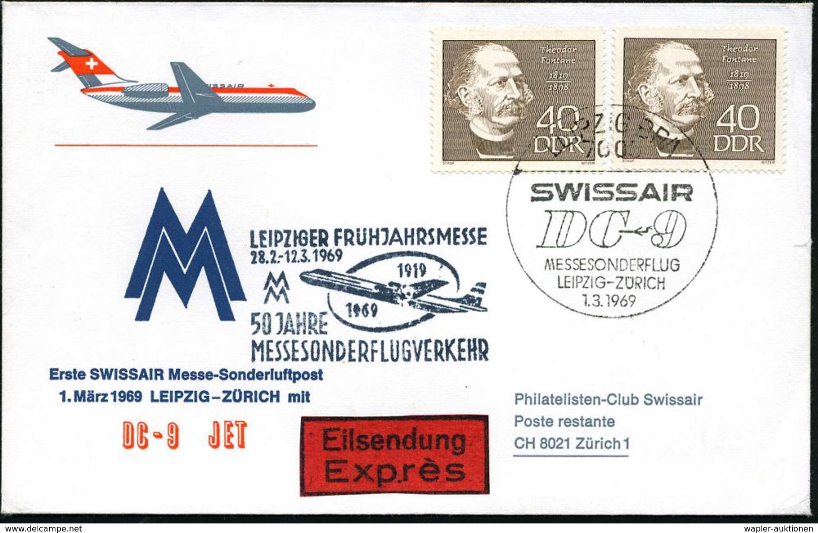 D.D.R. 1969 (1.3.) 40 Pf. "Theodor Fontane", Reine MeF: 2 Stück , SSt.: 7005 LEIPZIG BPA/SWISSAIR/DC-9/MESSESONDERFLUG/  - Ecrivains