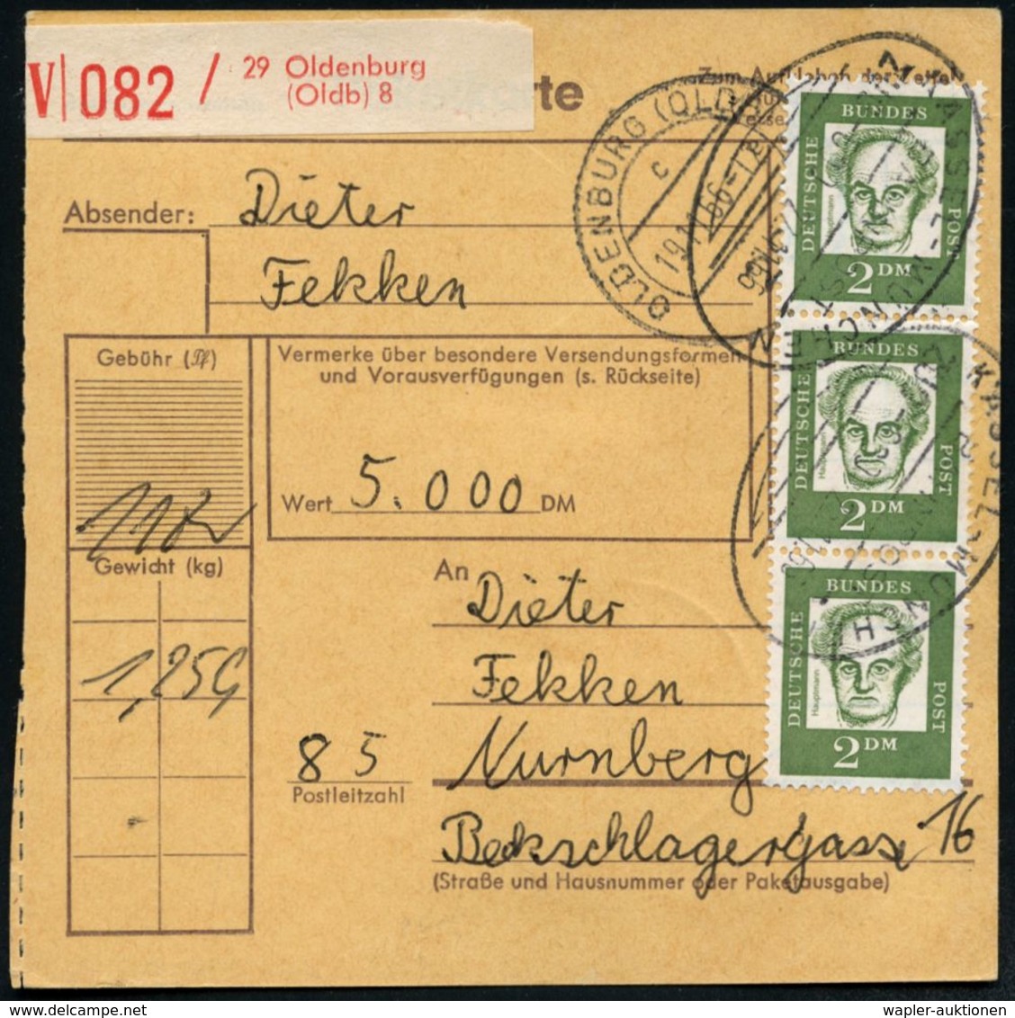 B.R.D. 1966 (19.11.) 2 DM "Gerhard Hauptmann" = Nobelpreis 1912, Senkr. 3er-Streifen (vs. U.a. Rs.) 2x Bahn-Oval: KASSEL - Schriftsteller