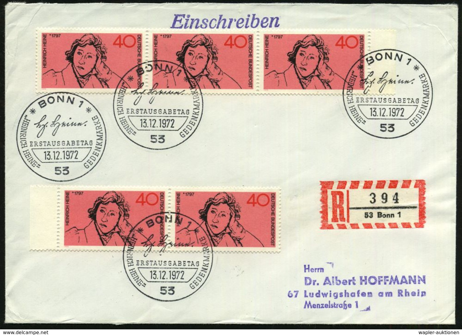 B.R.D. 1972 (13.12.) 40 Pf. "175. Geburtstag H. Heine", Reine MeF: 3er-Streifen + Paar = 5 Stück +  ET-SSt (BONN 1) + RZ - Ecrivains