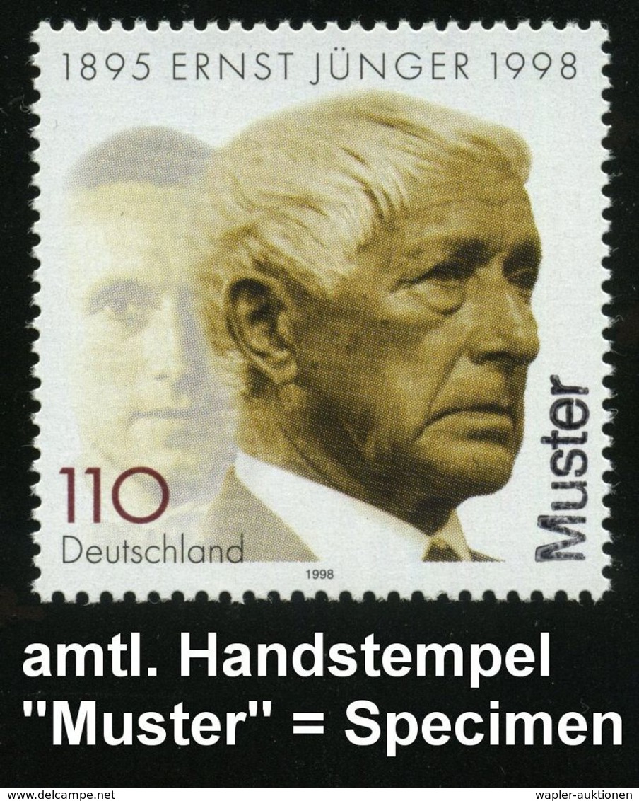 B.R.D. 1998 (Apr.) 110 Pf. "Tod Von Ernst Jünger" Mit Amtl. Handstempel  "M U S T E R" , Postfr. + Amtl. Ankündigungsbla - Ecrivains