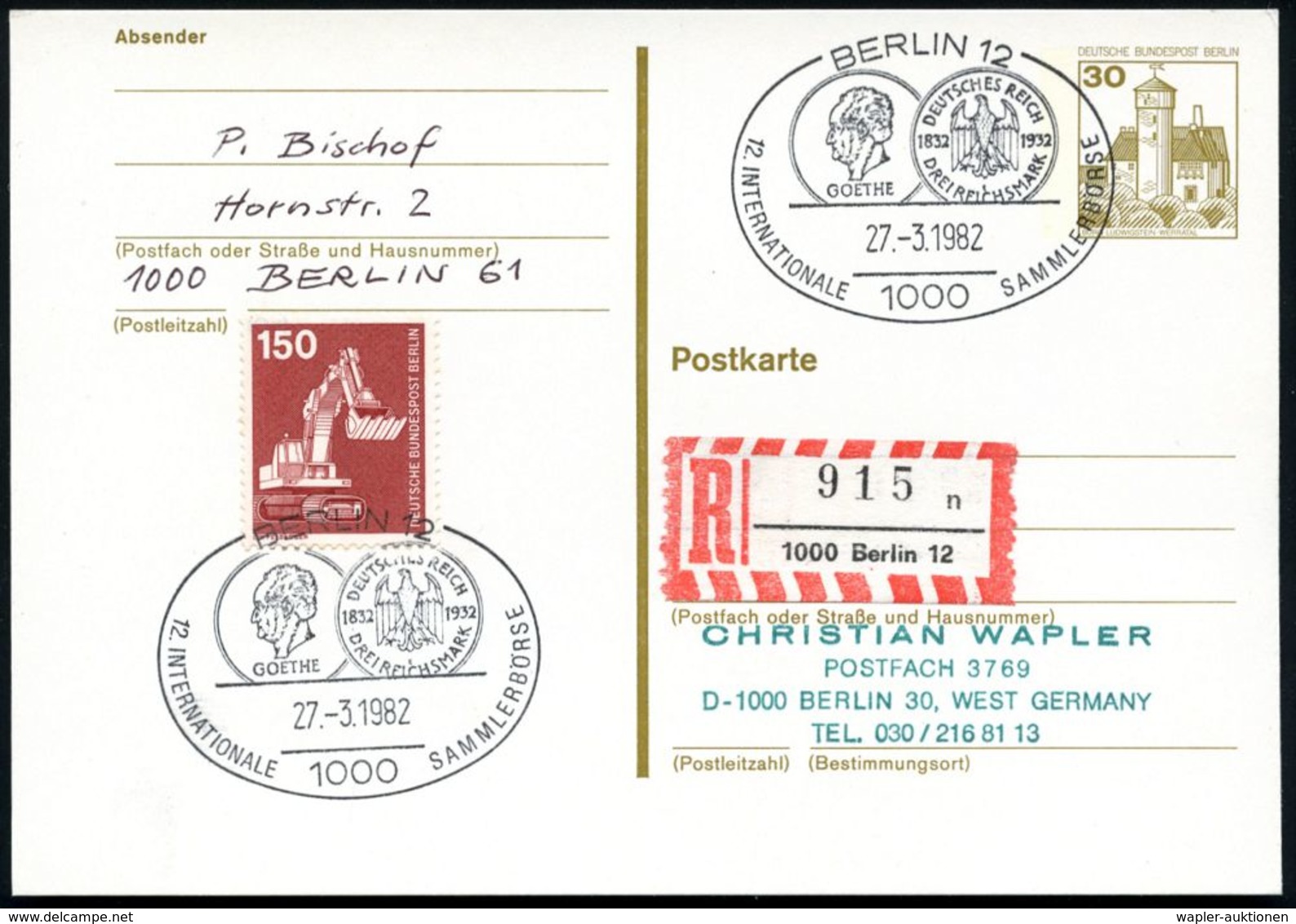 1000 BERLIN 12/ 12.INT.SAMMLERBÖRSE/ GOETHE.. 1982 (27.3.) SSt = Goethe-Münze 3 RM Von 1932 2x Klar + RZ: 1000 Berlin 12 - Ecrivains