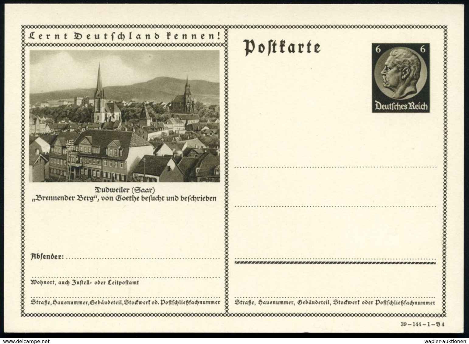 Dudweiler (Saar) 1939 6 Pf. BiP Hindenbg. , Braun: "Brennender Berg", Von Goethe Besucht U. Beschrieben, Ungebr. (Mi.P23 - Ecrivains