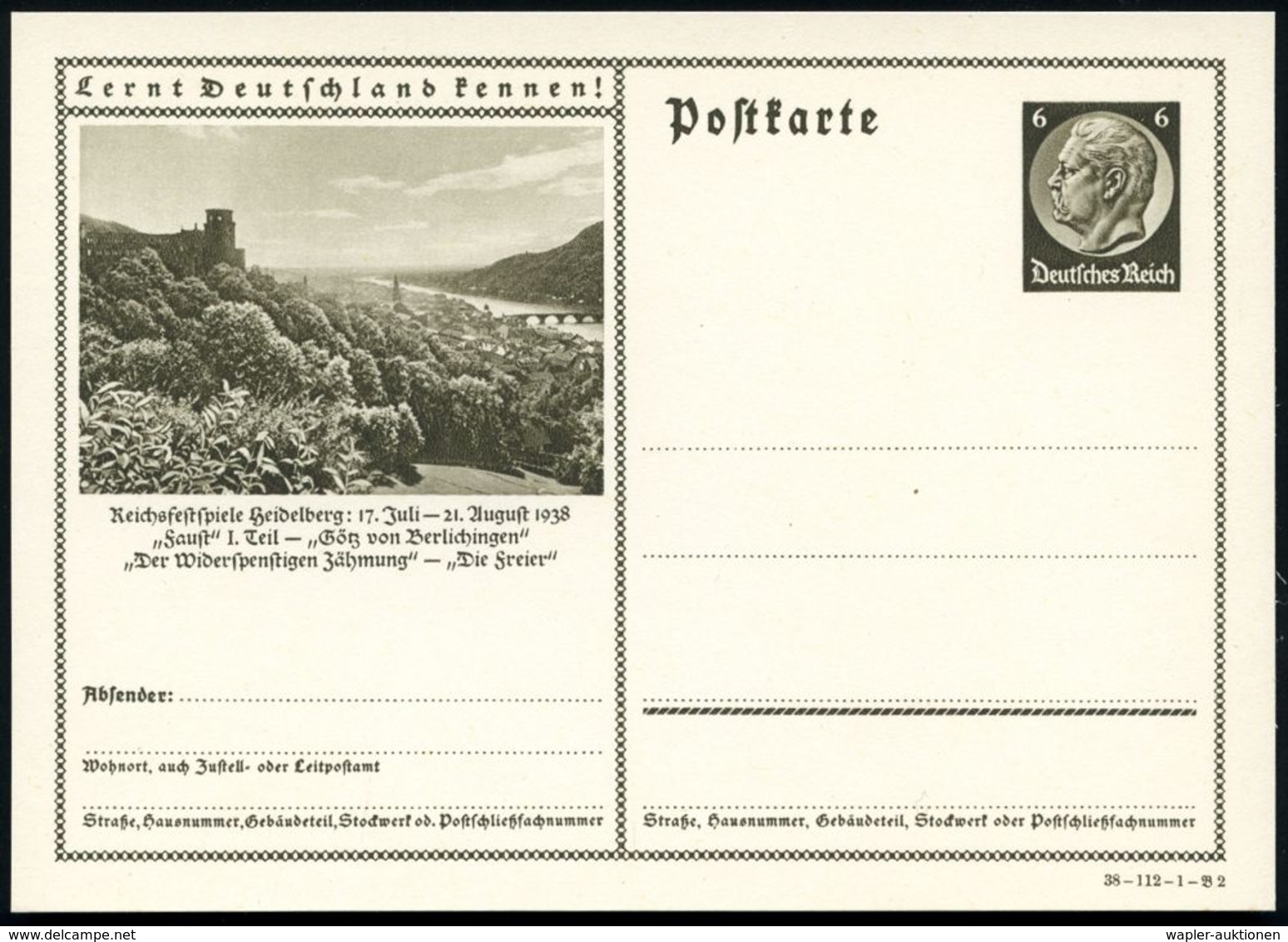 Heidelberg 1938 6 Pf. BiP Hindenbg. Braun: Reichsfestspiele.. Aug.1938 "Faust" I. Teil - "Götz V.Berlichingen", "Der Wid - Schriftsteller
