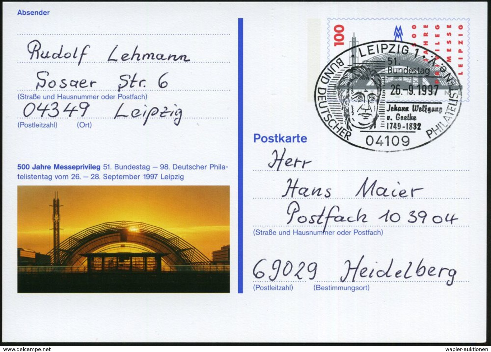 04109 LEIPZIG 1/ ..Joh.Wolfgang/ V.Goethe 1997 (26.9.) SSt = Kopfbild (= 51. Deutscher Philatel.Tag) Ortsgl. Sonder-P 10 - Ecrivains