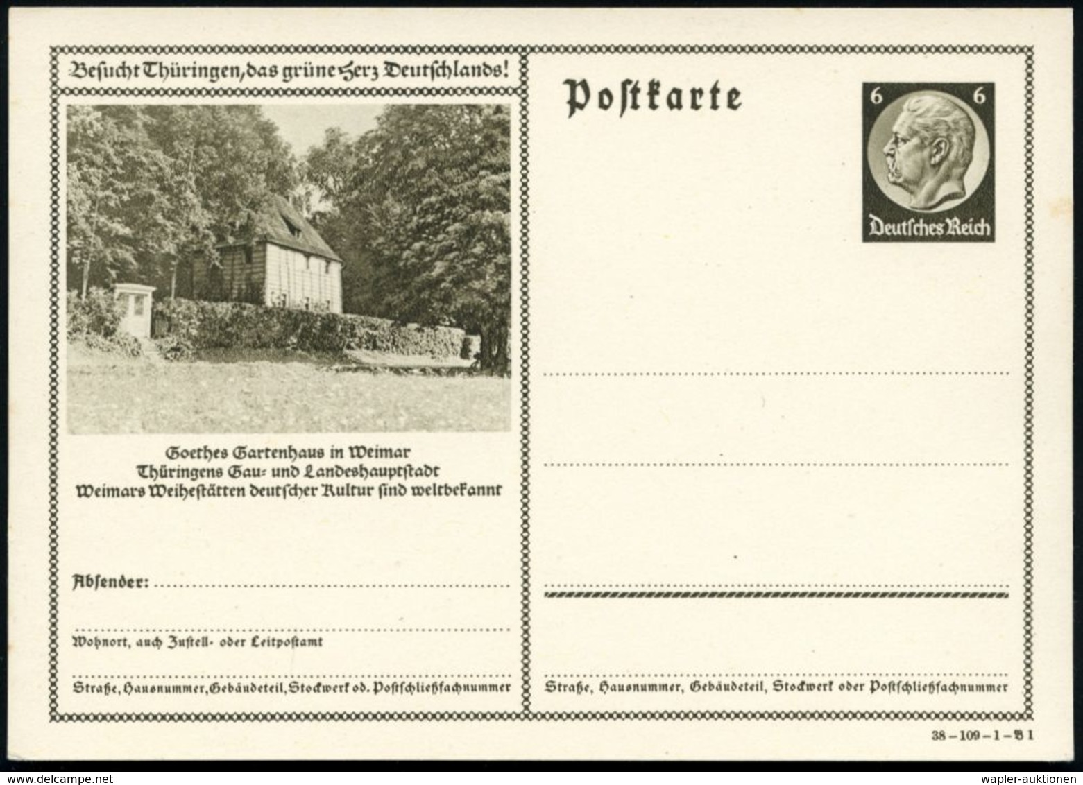 Weimar 1938 6 Pf. BiP Hindenbg., Braun, Sonderform: "Besucht Thüringen..!": Goethe's Gartenhaus , Ungebr. (Mi.P 236) - R - Ecrivains