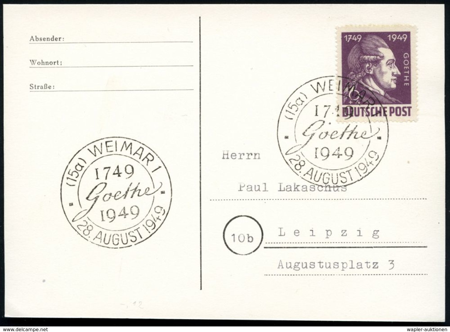 (15a) WEIMAR 1/ 1749/ Goethe.. 1949 (28.8.) SSt Auf EF 6 + 4 Pf. Goethe Nach G.J. Schmoll (Mi.234 EF, + 45.- EUR) Portor - Escritores