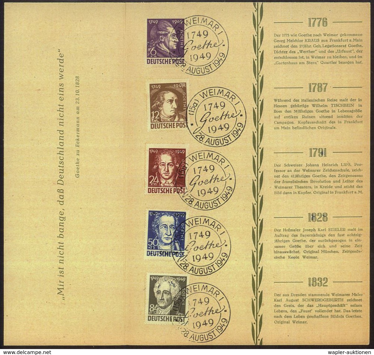 (15a) WEIMAR 1/ 1749/ Goethe/ 1949.. 1949 (28.8.) SSt  5x Auf Kompl. Goethe-Satz (Mi.234/38) Auf Amtl. Klapp-Spenden-Ged - Ecrivains