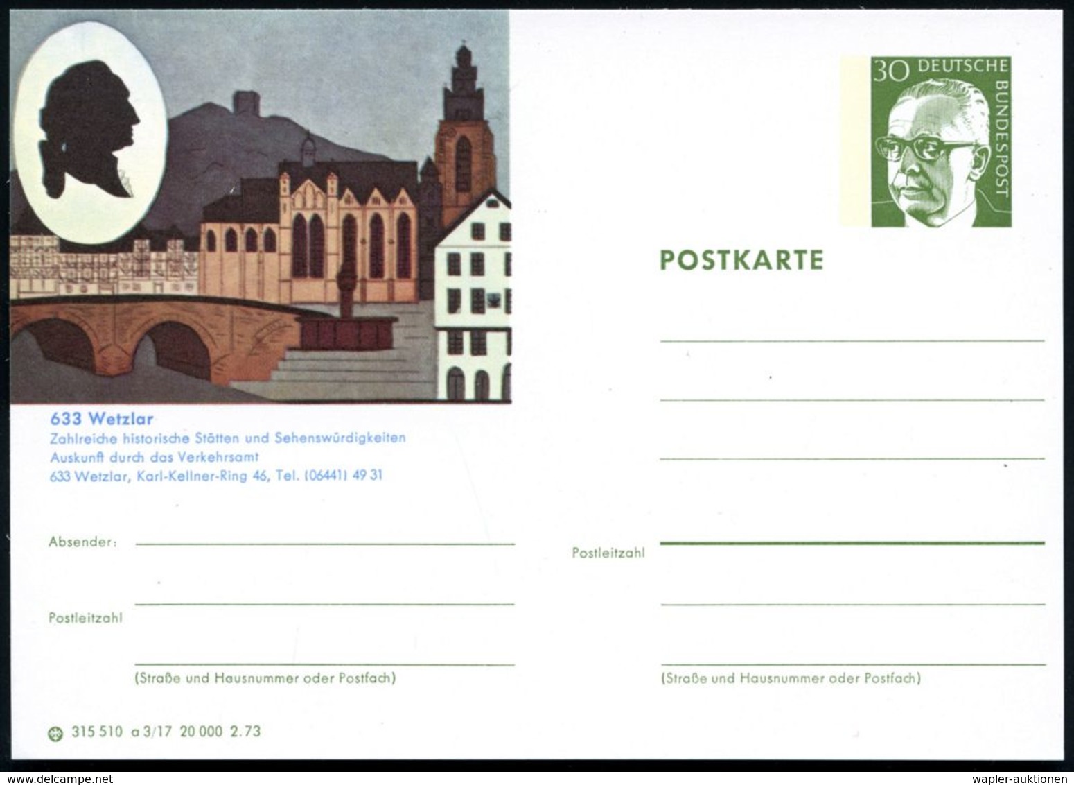 633 Wetzlar 1973 30 Pf. BiP Heinemann, Grün Mit Goethekopf-Scherenschnitt (u. Dom, Brücke) Ungebr. (Mi.P 109) - Reitspor - Ecrivains