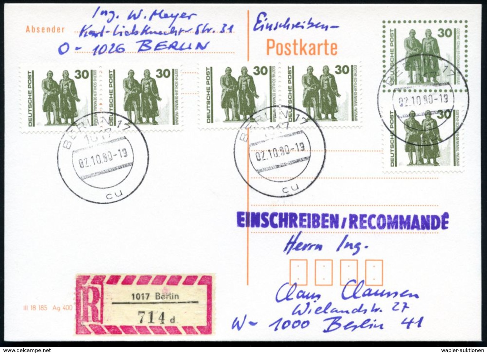 D.D.R. 1990 (2.10.) 30 Pf. Goethe-Schiller + Motivreine .Zusatzfrank. 30 Pf. Goethe/Schiller (5x) + RZ: 1017 Berlin/d (= - Ecrivains