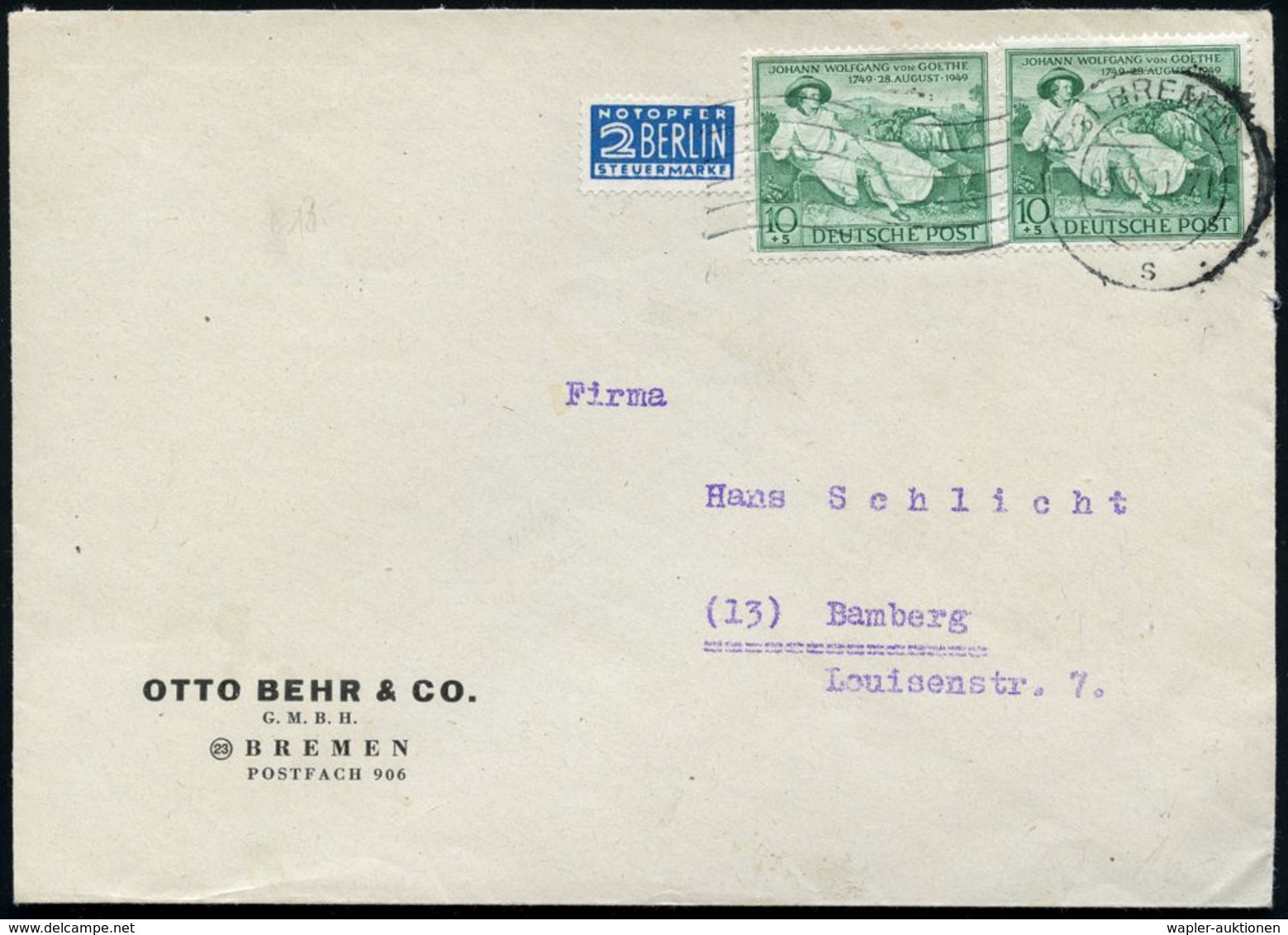 BIZONE 1949 10 + 5 Pf. Goethe Nach Tischbein, Reine MeF: 2 Stück , Sauber Gest. (Bremen) + 2 Pf. NoB, Firmen-Fernbf (Mi. - Escritores