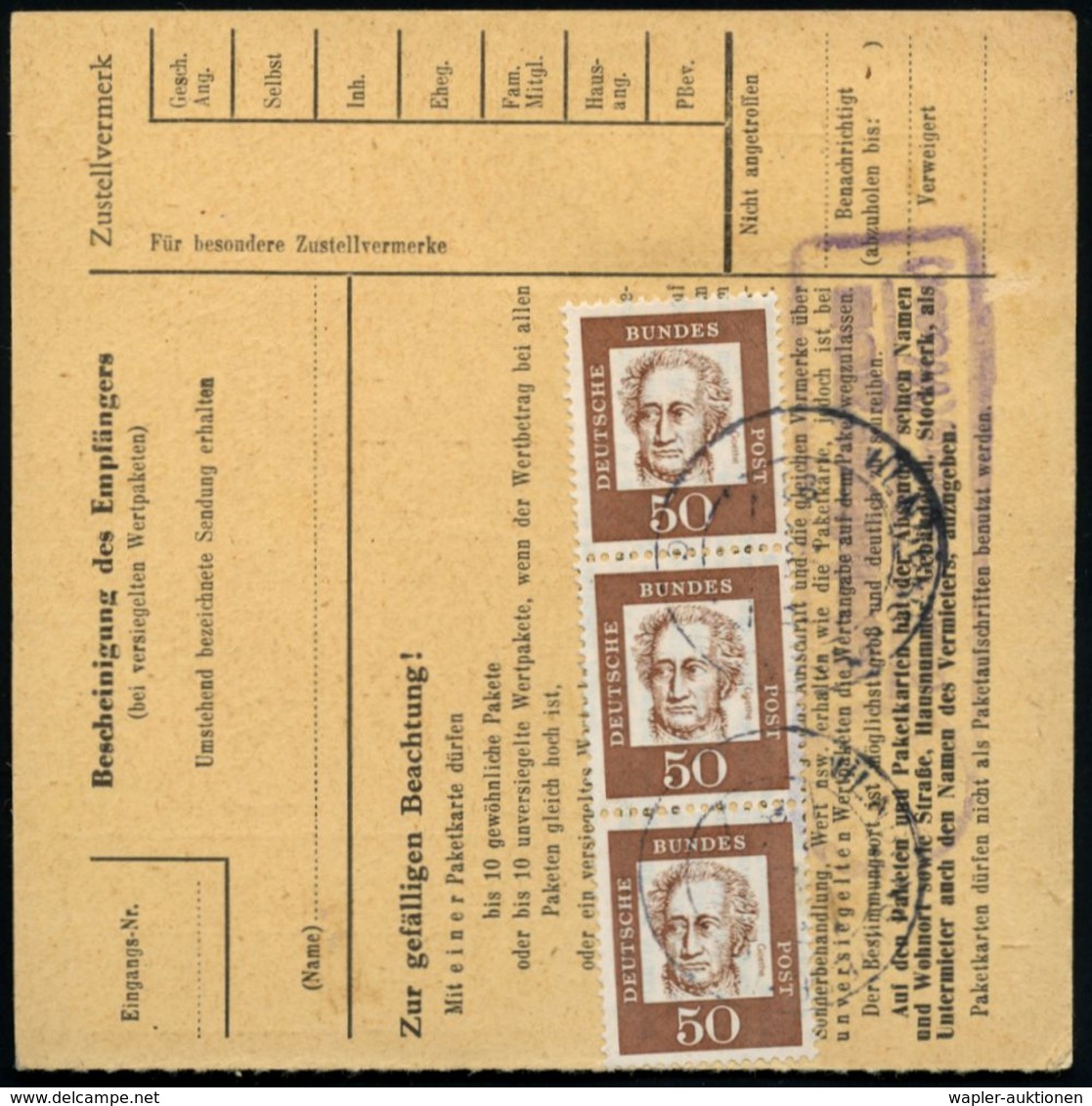 B.R.D. 1962 (18.5.) 50 Pf. Goethe, Reine MeF: 5 Stück 3x Vs., 2x Rs., Rs. Viol. Pst-II-Ra:. (undeutl.) + Aptierter 2K-St - Ecrivains