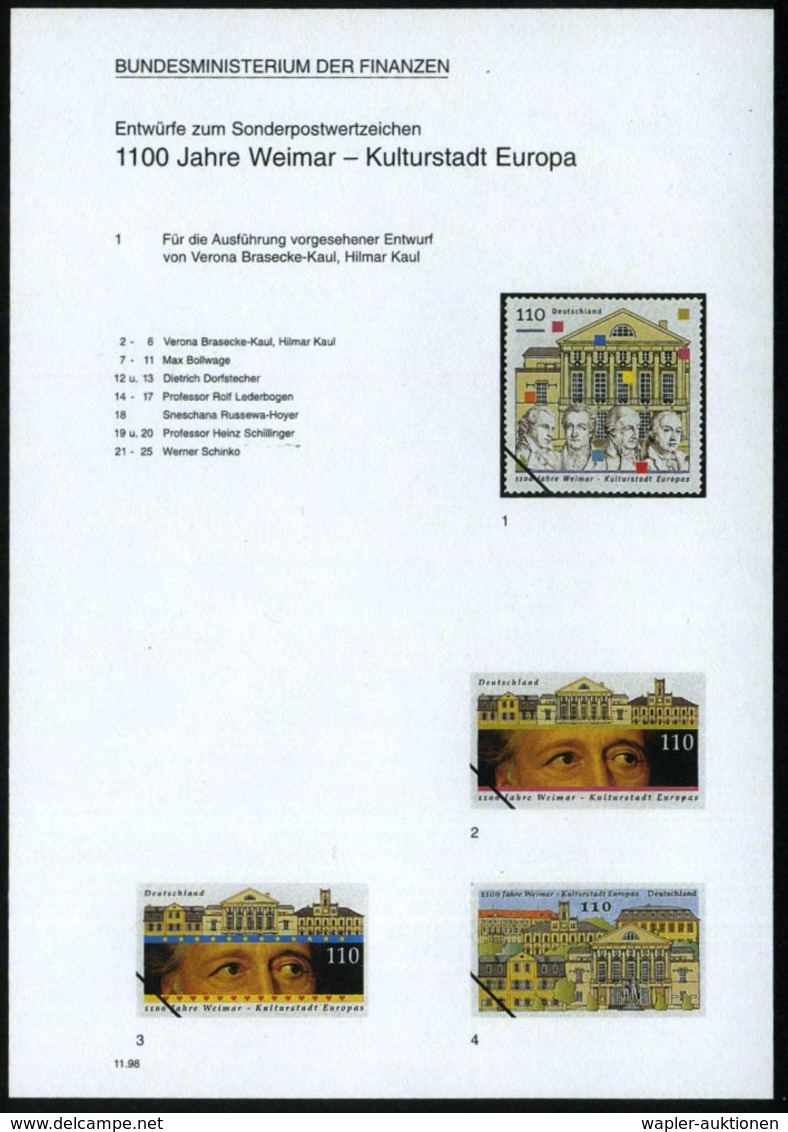 B.R.D. 1998 (Nov.) 110 Pf. "1100 Jahre Weimar", 25 Verschied. Color-Alternativ-Entwürfe D. Bundesdruckerei Auf 5 Entwurf - Ecrivains